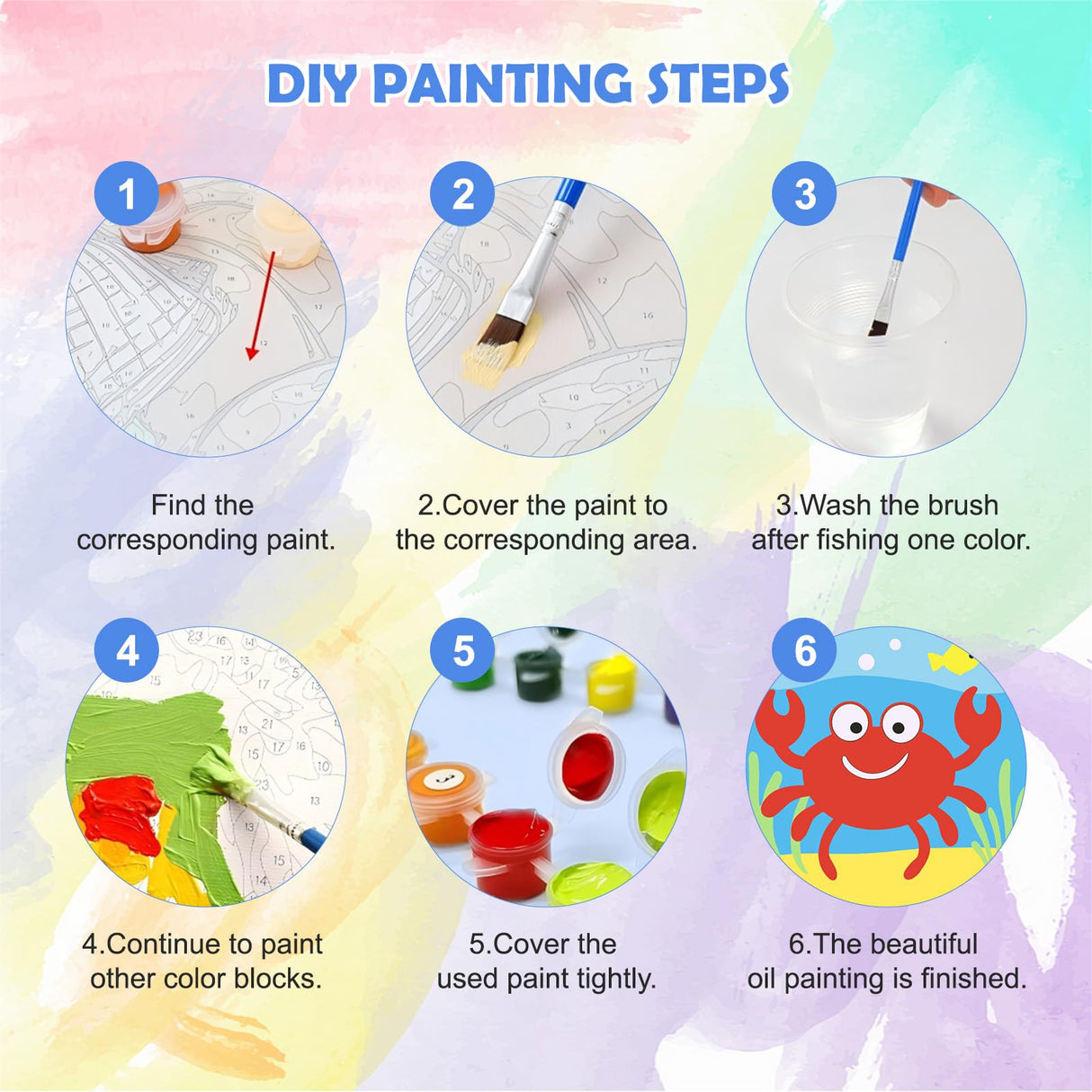 QENSPE Framed 4 Pack Paint by Numbers Kit for Kids,Cute Sea Animals Kids Paint by Number Ages 8-12,Crab and Fish DIY Acrylic Oil Painting Arts on Canvas for Children Beginner,Home Wall Decor (8x8inch) QENSPE
