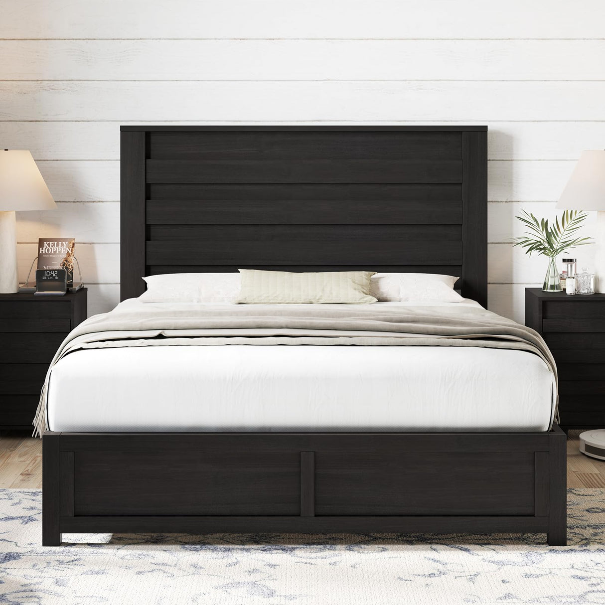 AMERLIFE Farmhouse Queen Size Bed Frame with 49" Tall Headboard, Platform Bed with Natural Wood Grain, No Box Spring Needed/Noise Free, Black AMERLIFE
