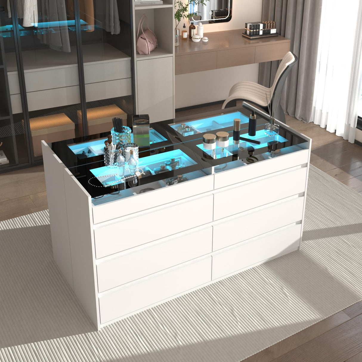 White 8 Drawer Dresser for Bedroom with LED Light, Modern Dresser Chest of Drawers with Hidden Handles and Glass Top, Dressers Organizer for Bedroom, Closet, Living Room LIVAUVEAD