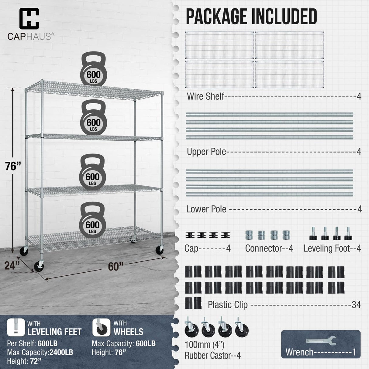 Fencer Wire NSF Heavy Duty Commercial Adjustable Silver Grey Wire Shelving w/Wheels & Leveling Feet, Kitchen Storage Metal Shelf, Garage Storage Shelving, Silver Grey 60 x 24 x 76, 4-Tier Fencer Wire