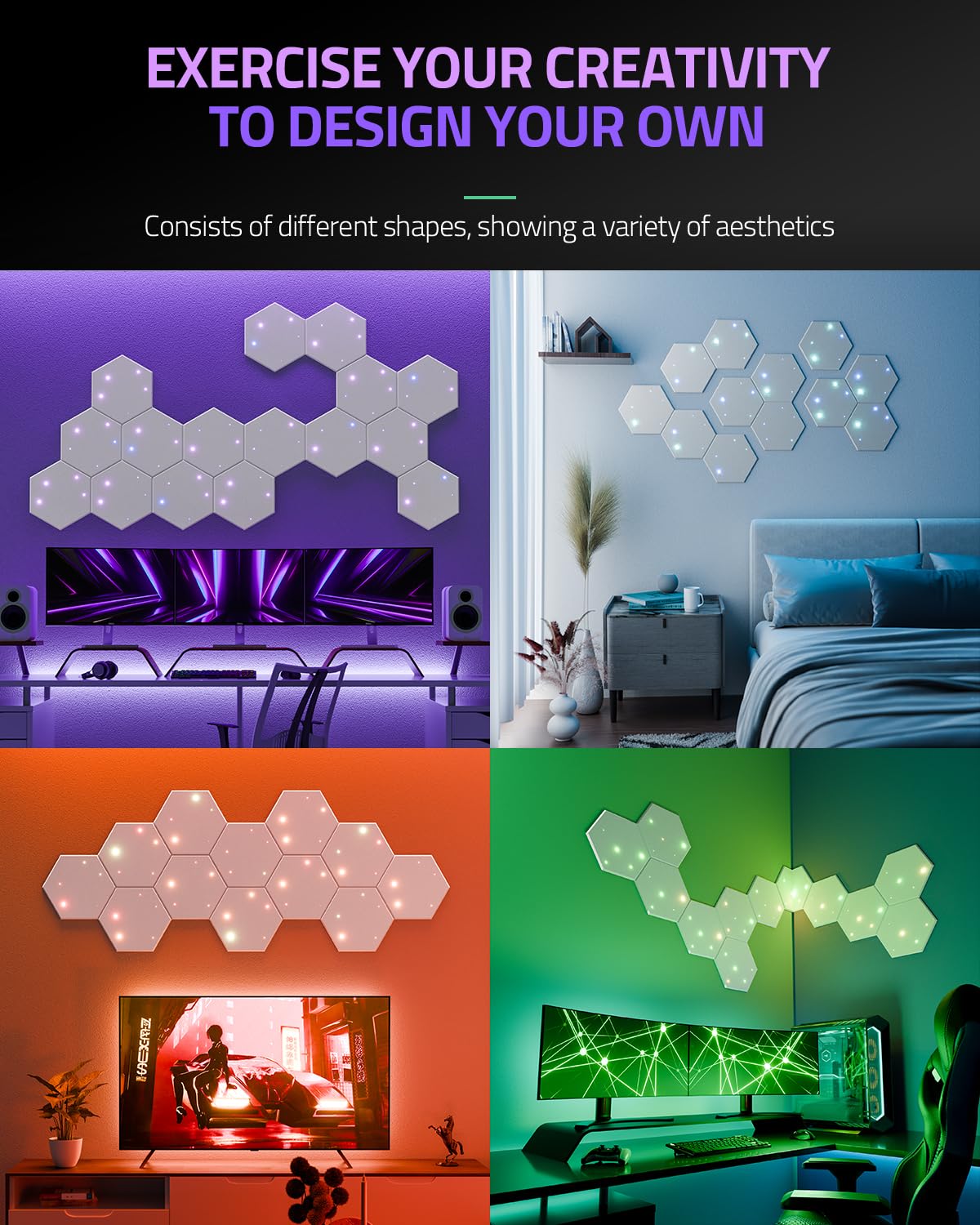 ZenSonic 12 Pack Self-adhesive Sound Proof Foam Panels for Walls 12" X 10" X 0.4" - Hexagon Acoustic Panels with Fiber Optic Starlight, Stylish Soundproof Wall Panels Absorb Noise and Wall Decor White ZenSonic