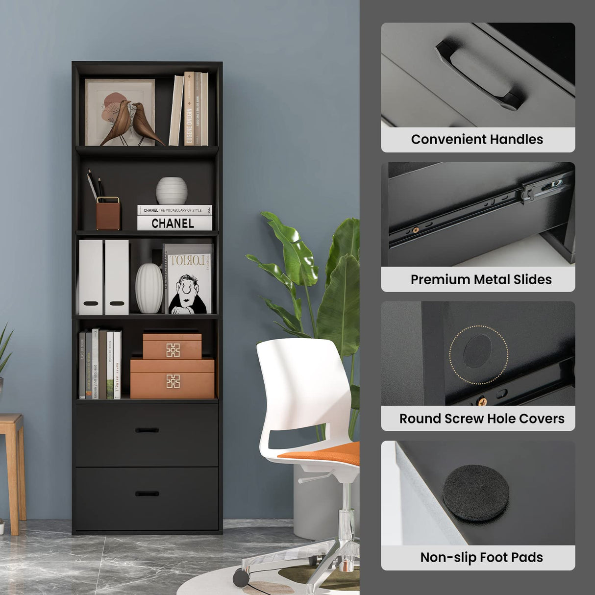 Tangkula 4 Shelf Bookcase with 2 Drawers, 74 Inch 4 Tiers Tall Open Bookshelf with 2 Slide-Out Drawers, Anti-toppling Device, Freestanding Wood Storage Shelf for Home Office (Black, 74" H) Tangkula