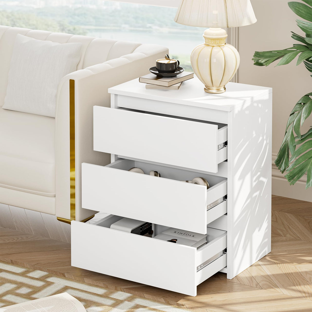 FOTOSOK Nightstand Set of 2 White Nightstand with 3 Drawers, White Bedside Table Night Stand for Bedroom with Cut-Out Handle, Sofa Side Table 3 Drawer Nightstand for Bedroom, 17.7W*15D*21.7H FOTOSOK