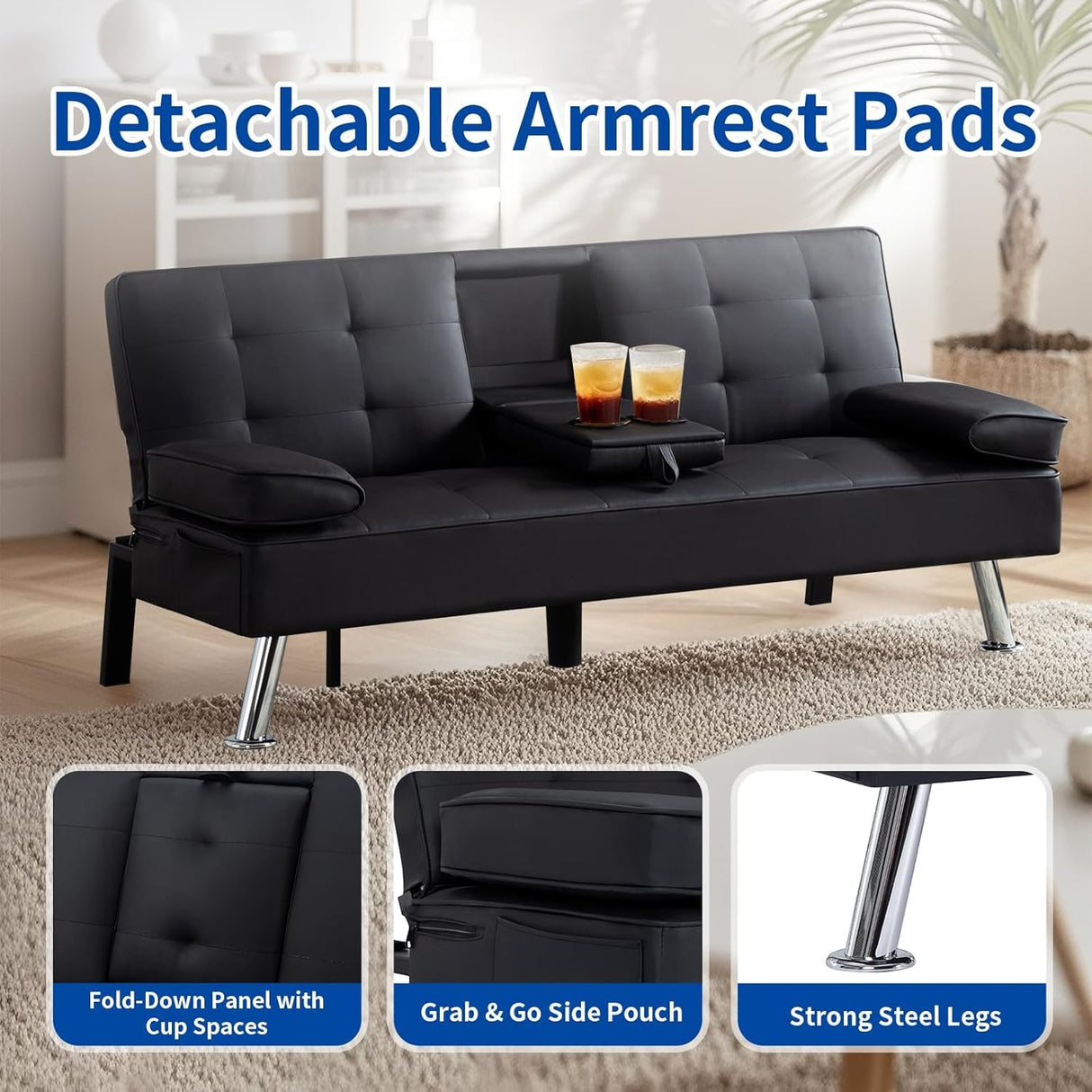 Futon Sofa Bed Convertible Loveseat Sleeper Couch Modern PU Leather Upholstery Folding Recliner Sofá, Small 2 Seaters Futon Sofa&Couch, Accent Couches with Cup Holders for Living Room Osparple