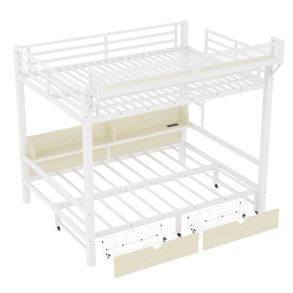 Bellemave Queen Over Queen Bunk Bed Frame with Storage Shelves & Drawers, Metal Bunk Bed Queen Over Queen with Charging Station & LED Lights, Space Saving Beds Frame Convertible to Sofa Design, White Bellemave