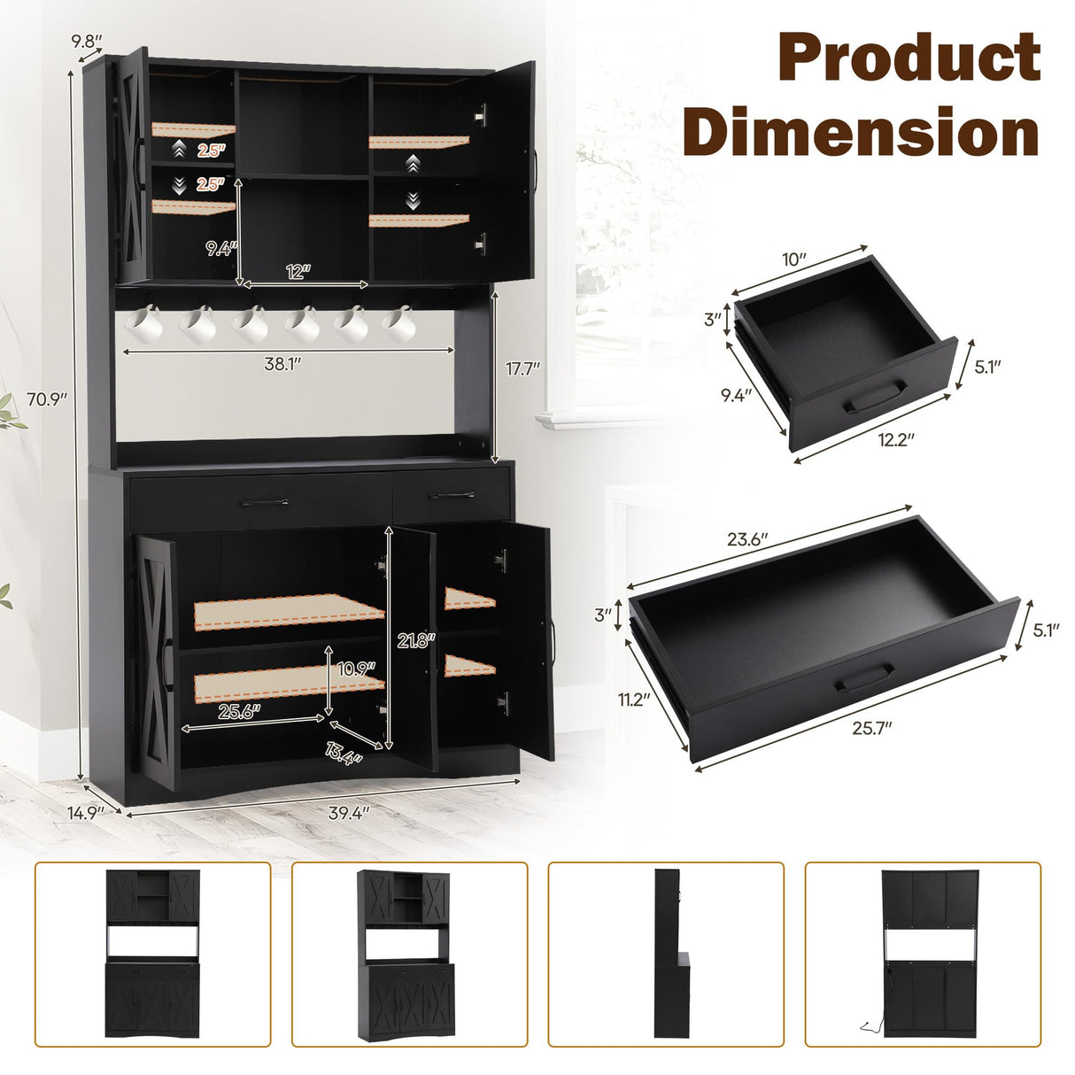 Grepatio 71" Kitchen Pantry Cabinet, Pantry Cabinet with Charging Station, Storage Cabinets with Door, Adjustable Shelves and Hooks, Farmhouse Kitchen Hutch for Dining Room, Living Room (Black) Grepatio