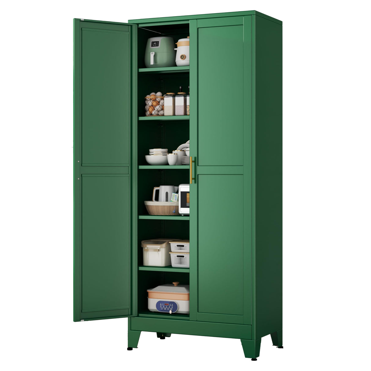 pozdeg 75” Tall Pantry Cabinet, Metal Kitchen Storage Cabinet with 2 Doors and 5 Adjustable Shelves, White Storage Cabinet Cupboard for Kitchen, Dining Room, Living Room and Bathroom (Green) pozdeg