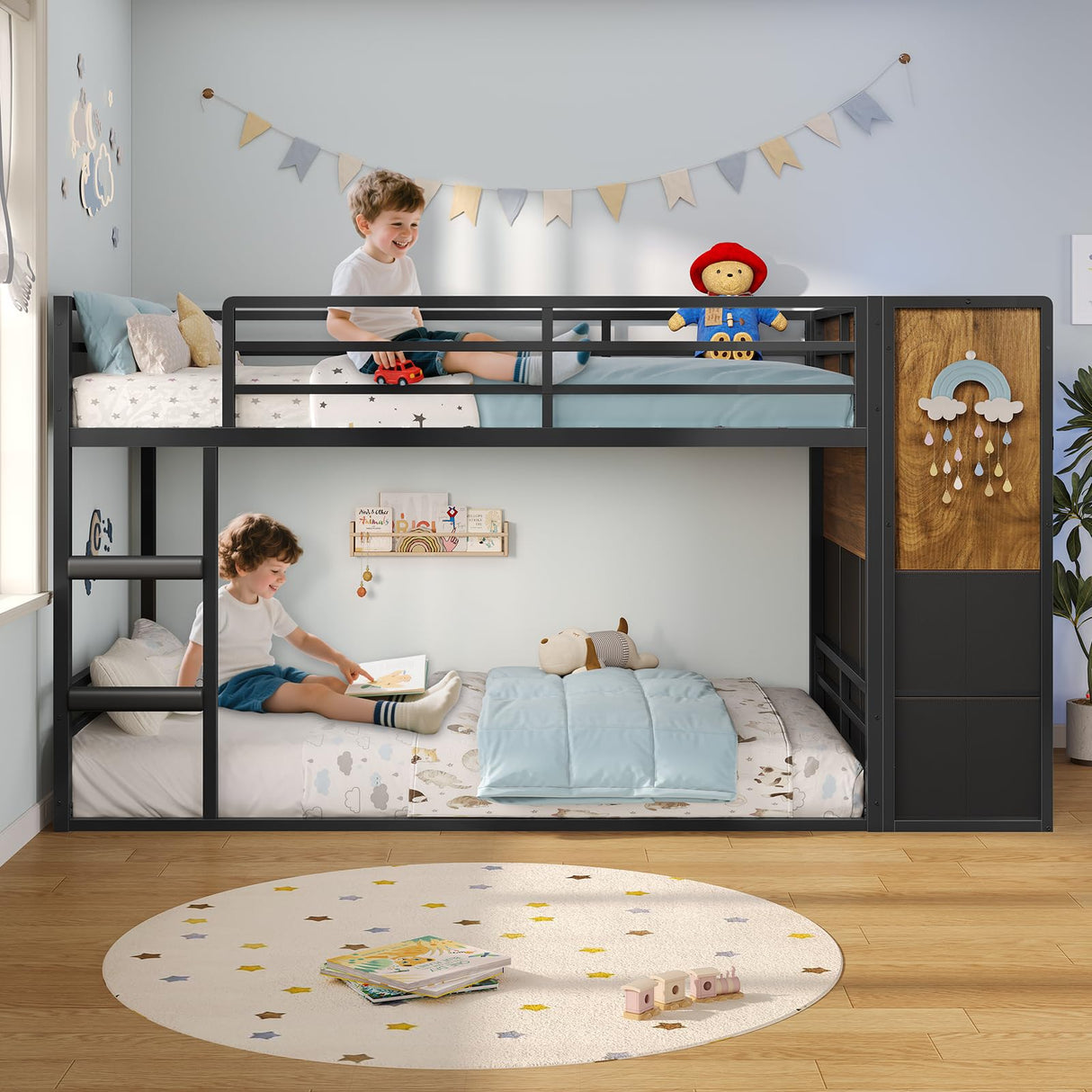 BTHFST Twin Over Twin Bunk Bed, Twin Bunk Beds with Storage & LED Lights, Metal Space Saving Low Bunk Bed with Safety Ladder and Guardrail BTHFST