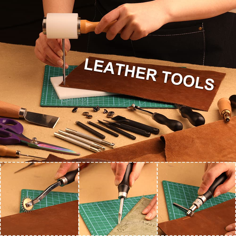 Tikjiua 456Pcs Leather Working Tools with Apron and Tooling Bag, Leather Craft Kit with Tools for Stamping, Carving, Sewing, Beveling, Cutting, Crafting Tikjiua