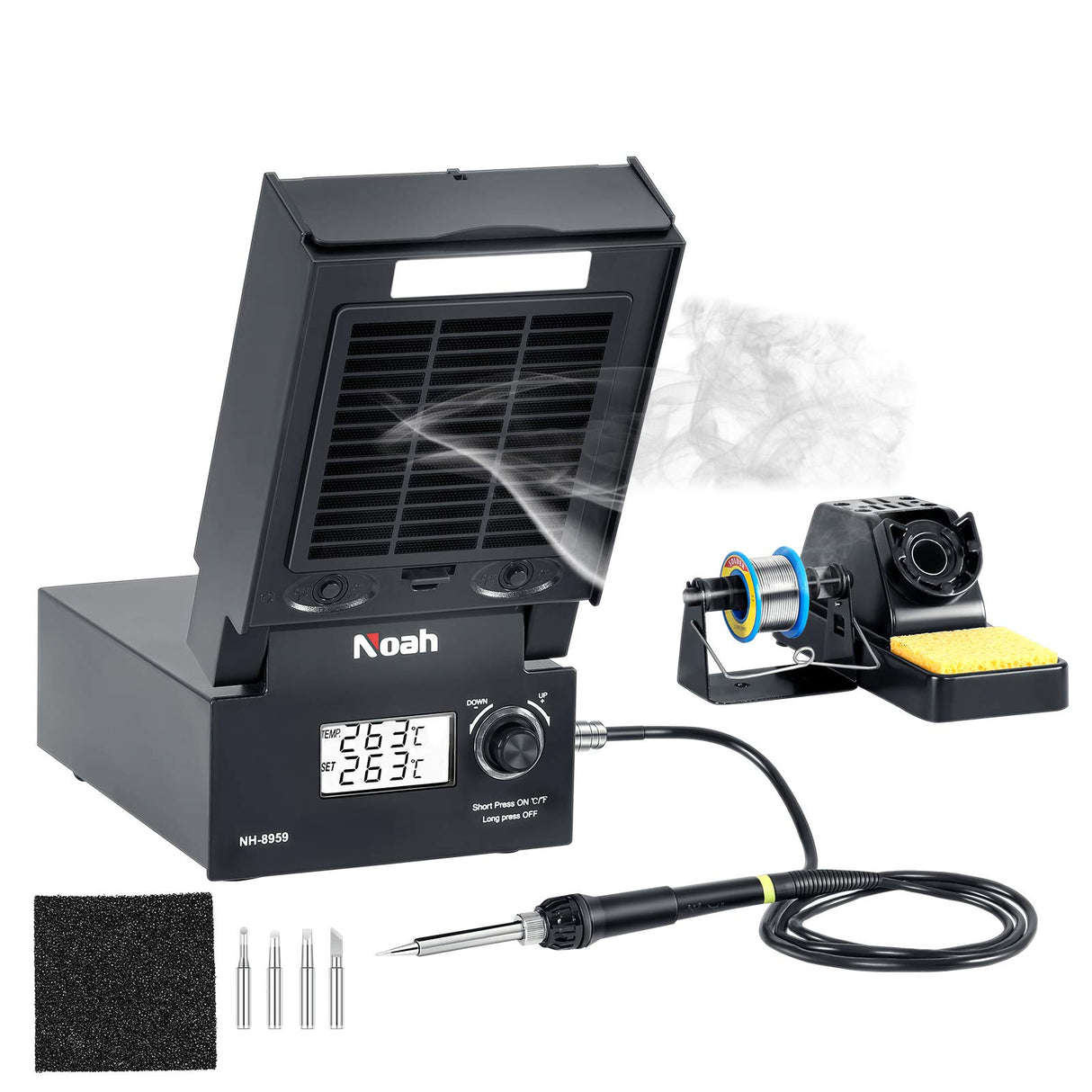 Soldering Iron Station with Fume Extractor, 80W Soldering Station, 60W Soldering Iron, Smoke Absorber, Solder Wire, LED Lighting, Fast Heating, Auto Sleep Soldering Station, LCD Digital Display Noah