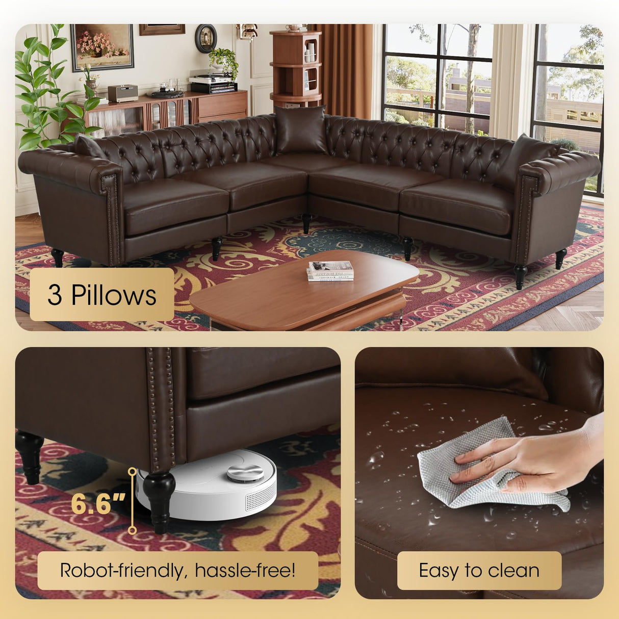 Kvutx 99.4" X 99.4" L Shaped Couch Faux Leather Sectional Couch with Three Pillows Chesterfield L Shaped Sofa 5 Seat PU Leather Sectional Couches for Living Room Brown Kvutx