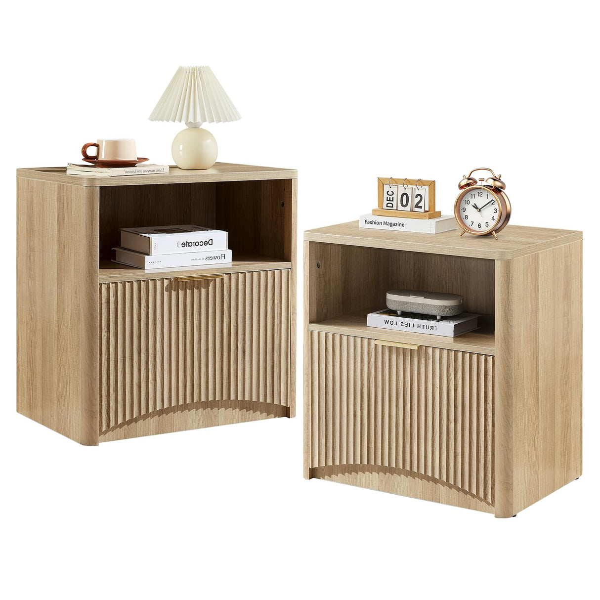 Evermagin Fluted Nightstand Set of 2, Natural Oak Bedside Table with Drawer and Storage, Wood Night Stand Mid Century Modern, Large End Table for Bedroom Evermagin