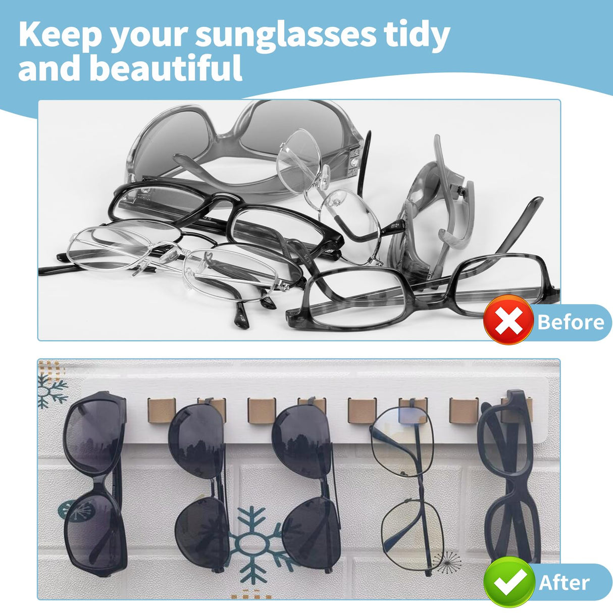 FINDAMAZE Sunglasses Organizer Wall Mounted Wood Sunglass Holder for Home Glasses Holder/Sunglasses Rack,Home Decor (White-1pcs-long) FINDAMAZE