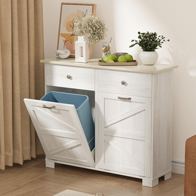Double Tilt Out Trash Can Cabinet 20 Gallon, Wooden Freestanding Hidden Recycling Shelf with Drawers, Dog Proof Large Garbage Holder with Pull Out Kit for Kitchen, Laundry Room and Living Room Storage