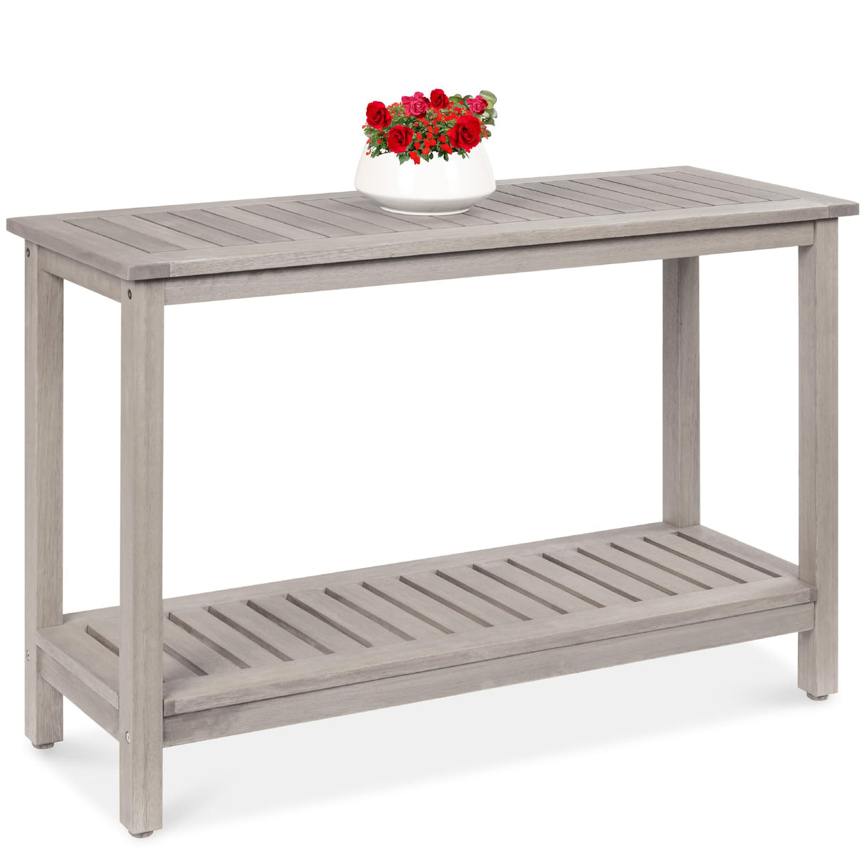 Best Choice Products 48in 2-Shelf Eucalyptus Wooden Console Table Indoor Outdoor Multifunctional Buffet Bar Storage Organizer w/Foot Sliders - Gray Best Choice Products