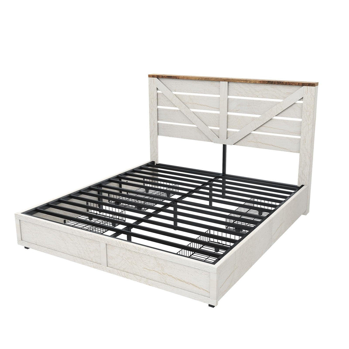 LUXOAK 48.8" H Queen Size Bed Frame with 4 Storage Drawers, Farmhouse Platform Bed with Barn Door Headboard, Rustic Wood Grain, No Box Spring Needed, Rustic White LUXOAK