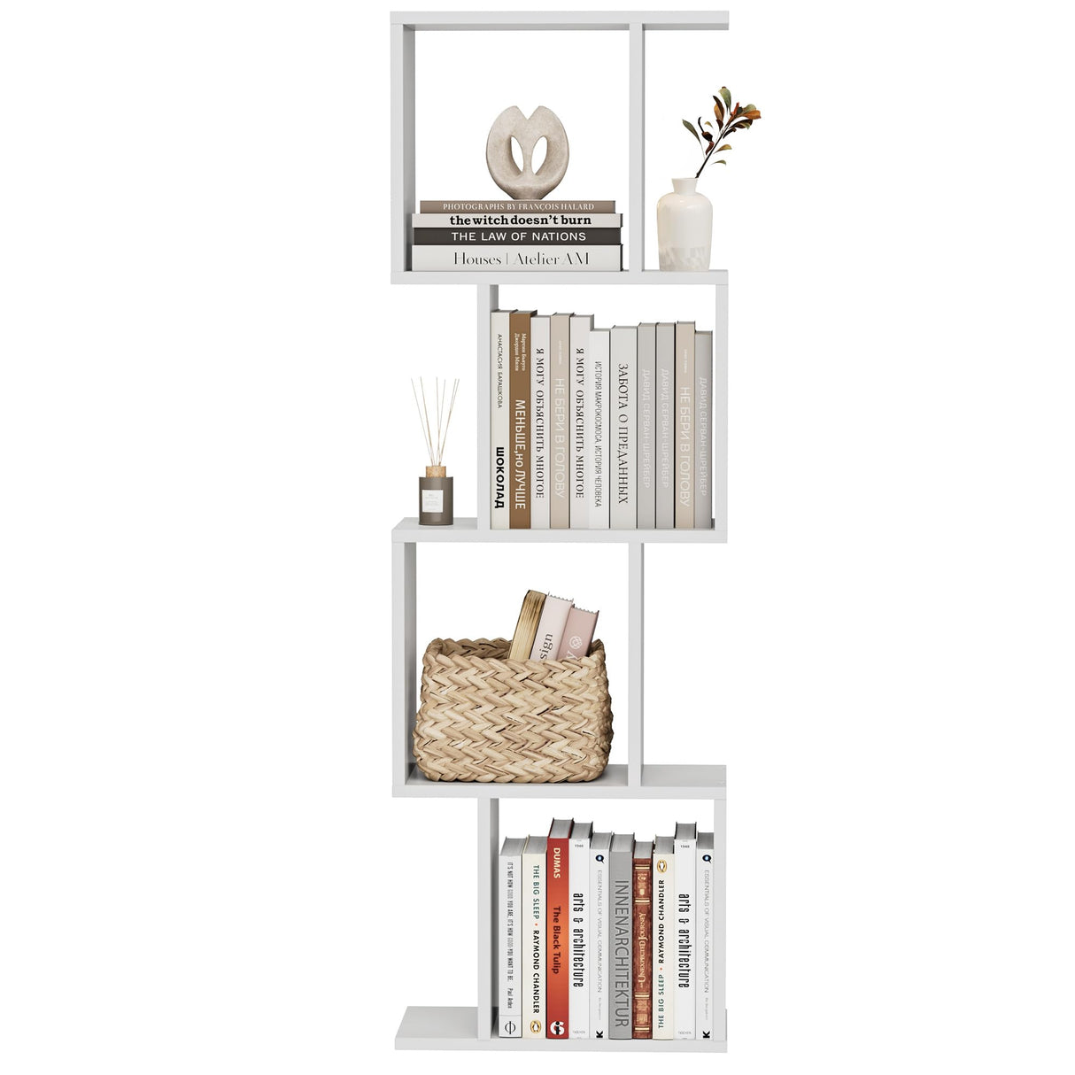 Homhedy 4-Tier Bookshelf, S-Shaped Geometric Bookcase, Modern Display Standing Shelf Unit for Living Room, Bedroom, Free Standing Storage Rack for Home Office, White Homhedy