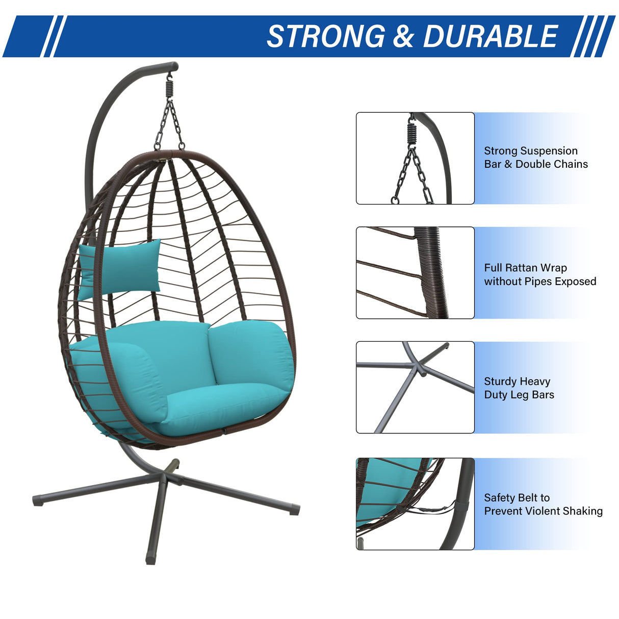 ALAULM Egg Swing Chair Outdoor Indoor Wicker Rattan Hanging Chair with Stand 350lbs Capacity w/Strong Frame & Blue Cushions for Patio Balcony Bedroom ALAULM