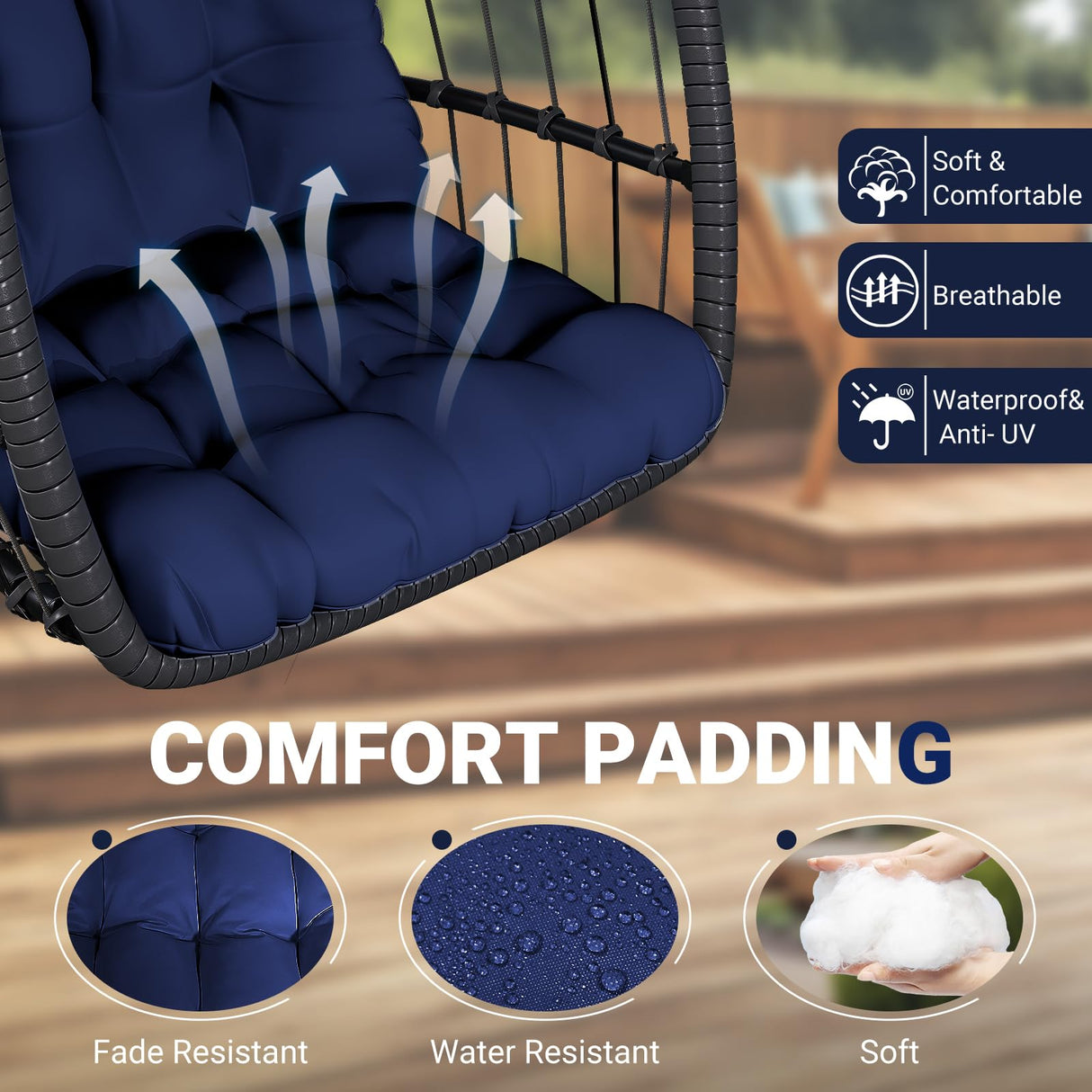 LEVELEVE Egg Chair with Stand,Patio Rattan Wicker Hanging Swing Egg Chair Hammock Chair for Porch Garden,Thickened Aluminum Alloy Steel Frame and UV Resistant Cushion,350LBS Capacity(Dark Blue) LEVELEVE