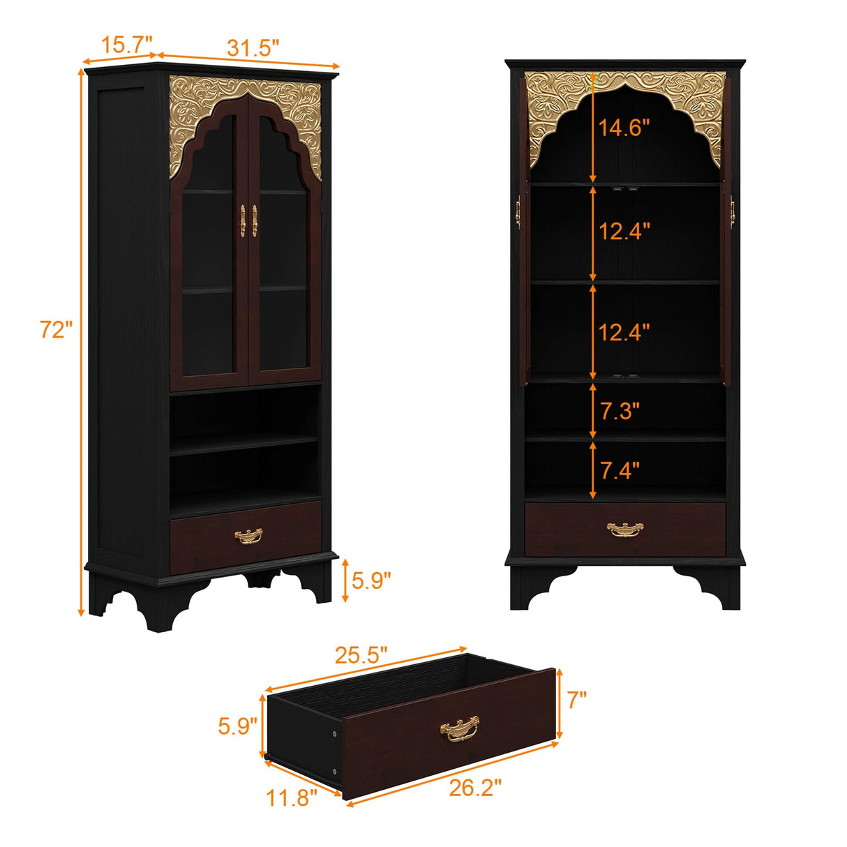 Timechee Modern Book Shelf with Drawers, 72" Tall Black Bookcase Storage Cabinet with Tempered Glass Doors and Open Shelves, Large Bookshelves and Bookcases, Display Cabinet Bookshelf for Living Room Timechee