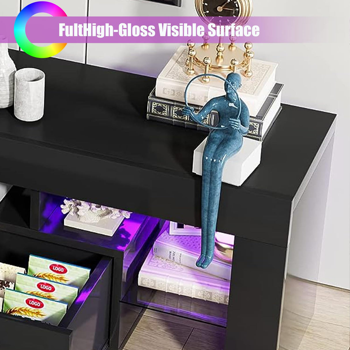 LED TV Stand for Up to 70-inch TV, Modern TV Console Table with Entertainment Center for Bedroom, Living Room(Black, 63 inch) HOUAGI