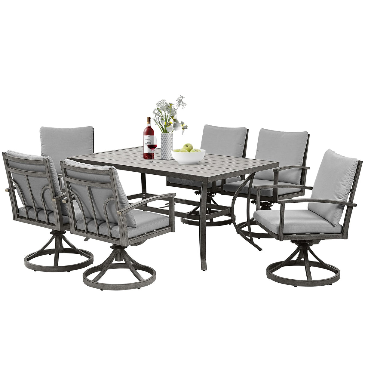 HAPPATIO 7-Piece Outdoor Dining Set - All Aluminum Patio Table and Chairs Set for 6 Includes 1 Rectangular Dining Table and 6 Swivel Dining Chairs with Cushions for Lawn, Garden, Backyard HAPPATIO