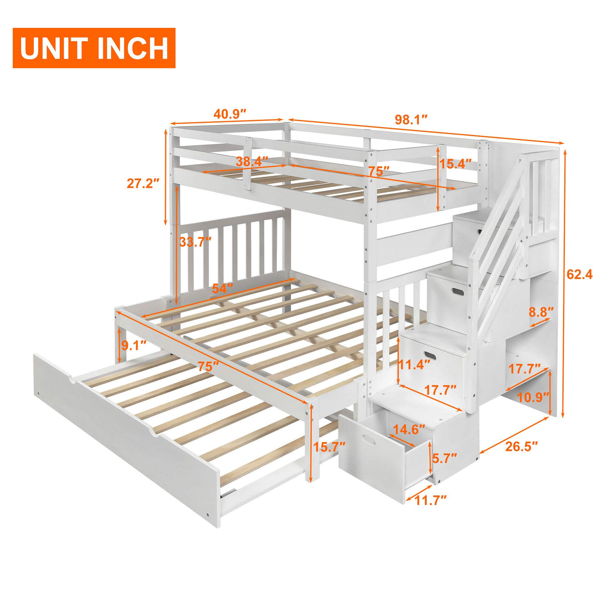 Harper & Bright Designs White Stairway Bunk Bed with Twin Trundle and Storage Drawers Harper & Bright Designs