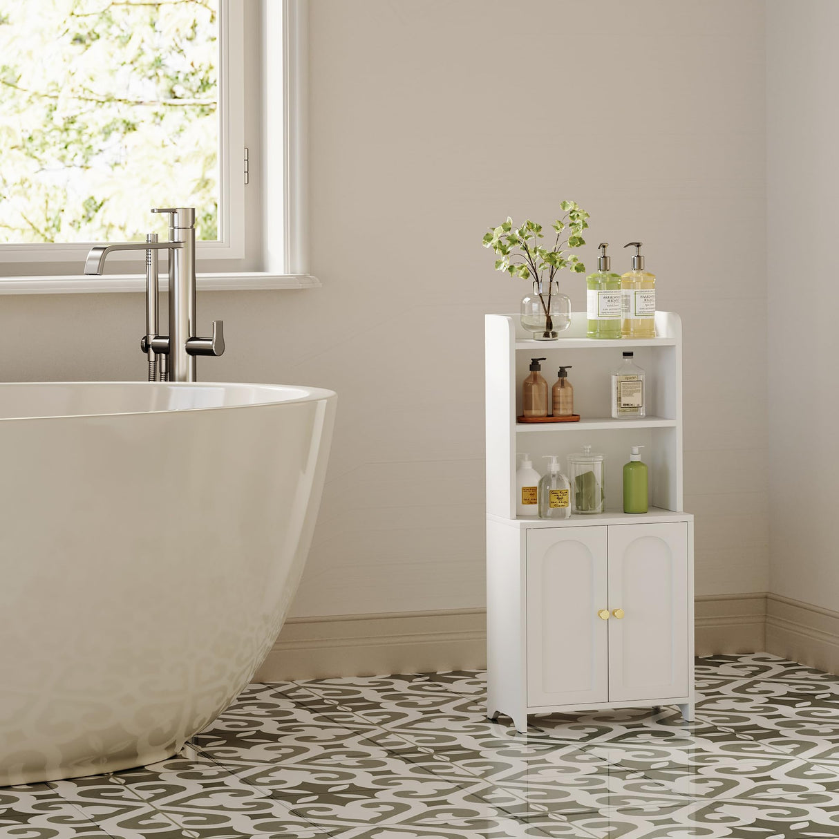 GLANZALANT Bathroom Cabinet with 2 Doors, Small Freestanding Storage Cabinet with Adjustable Shelf, Slim Bathroom Organizers, Floor Cabinet for Small Spaces, Bathroom, 7.9" D x 14.7" W x 32" H, White GLANZALANT