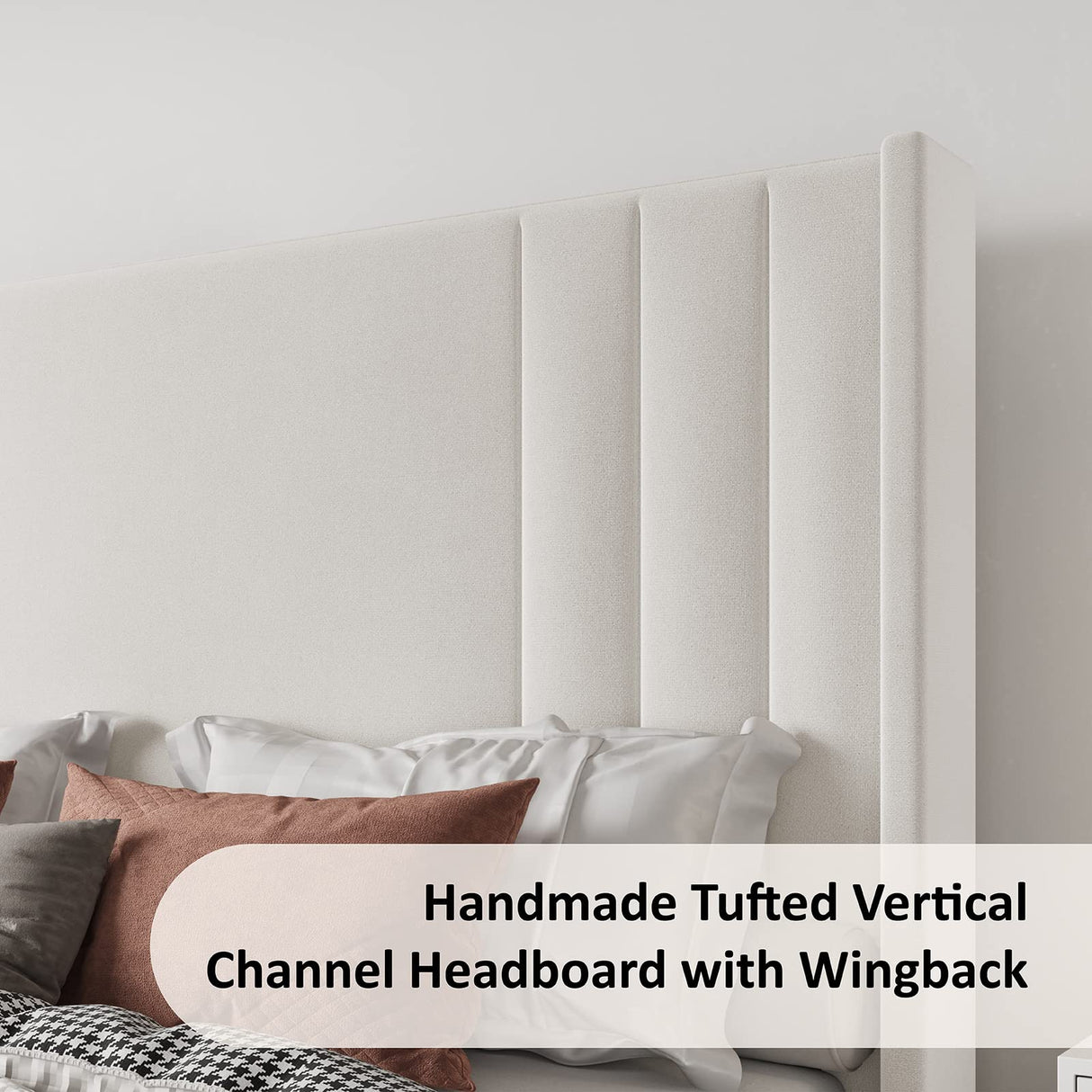 Albott King Size Platform Bed Frame, Upholstered Bed with Vertical Channel Tufted Wingback Headboard & Footboard, Premium Velvet, No Box Spring Needed, Cream Albott