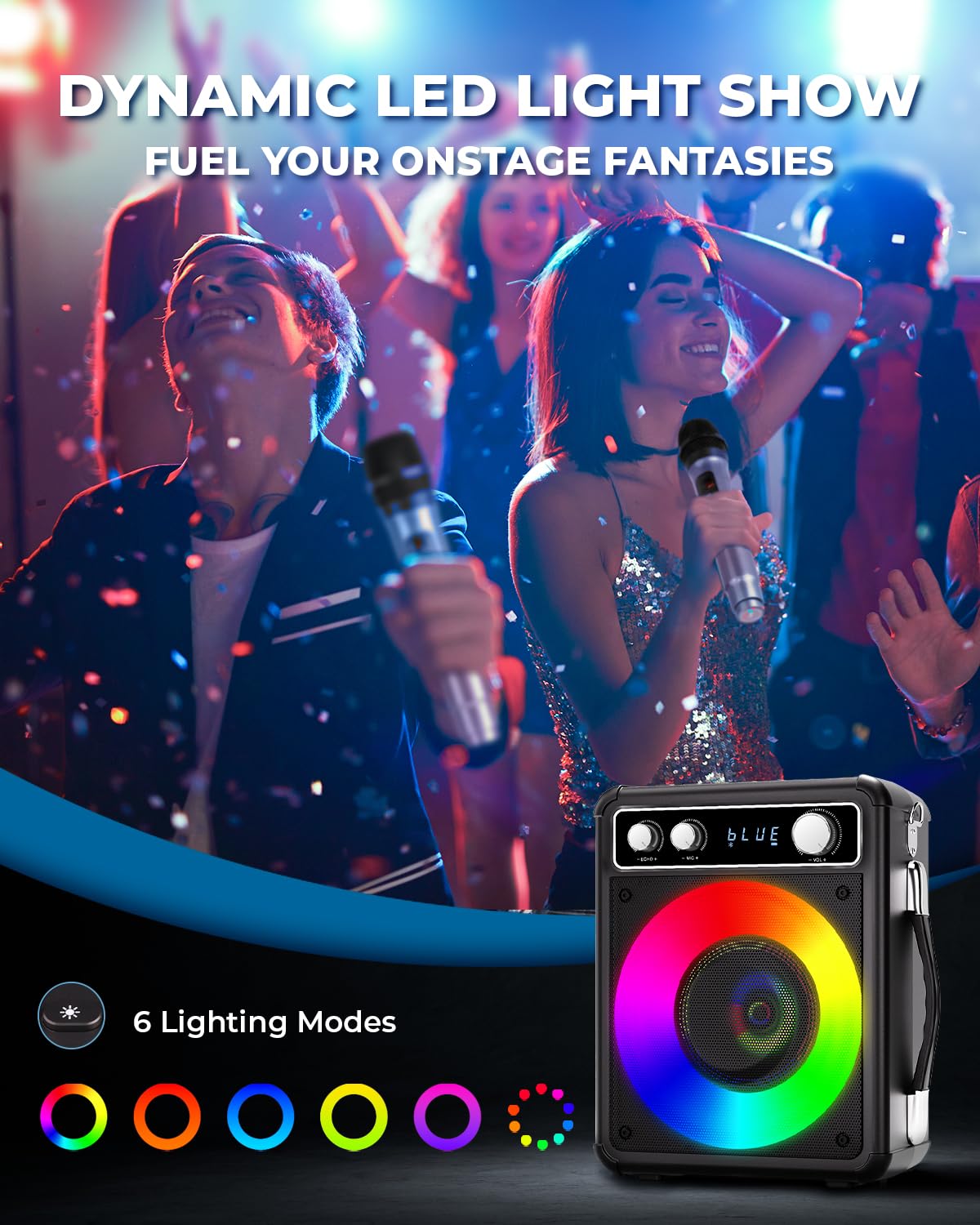 VOSOCO Karaoke Machine, Portable Bluetooth Karaoke Speaker with 2 Wireless Microphones, PA System for Adults Kids with LED Lights, Supports REC/FM/AUX/USB/TF for Home Party VOSOCO