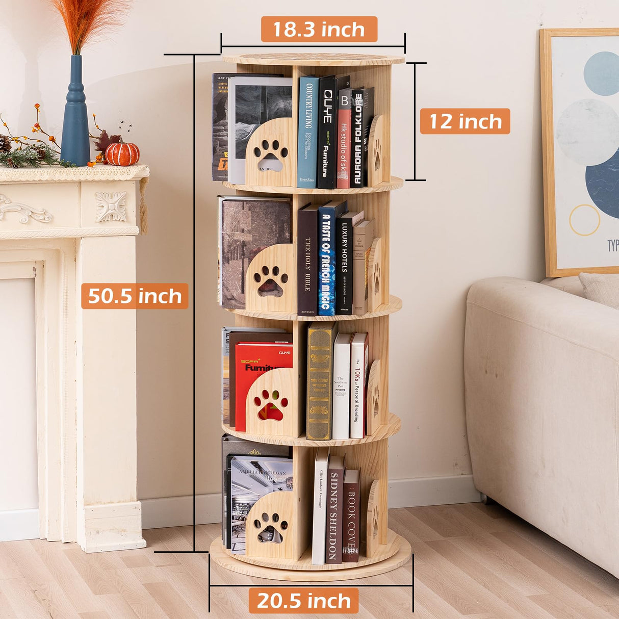 BUYWAY 360° Rotating Solid Wood Bookshelf Tower - Versatile 4-Tier Bookcase for Kids & Adults BUYWAY