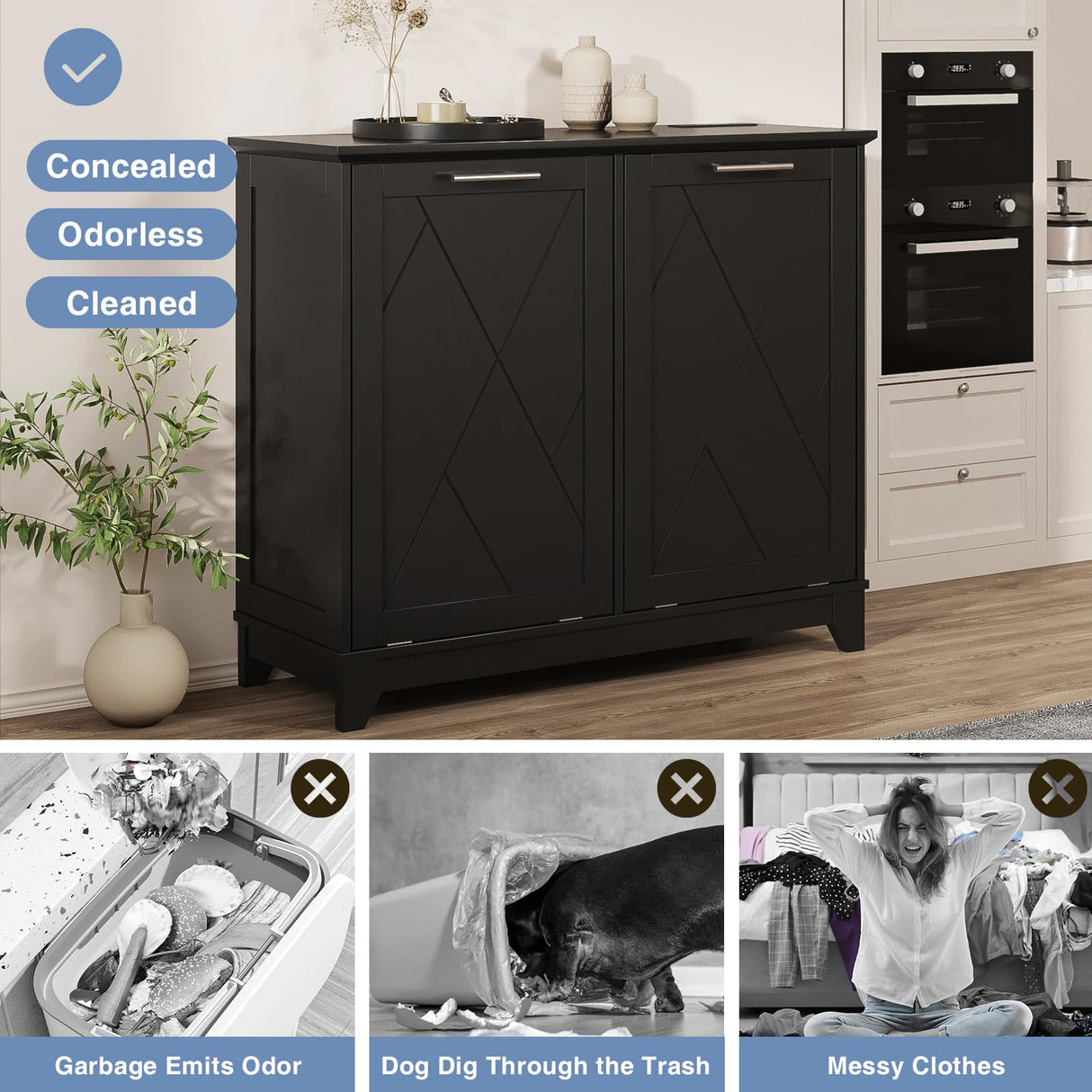 Halitaa Double Tilt Out Trash Cabinet, Free Standing 10 Gallon Recycling Trash Can Cabinet with Negative Ion and Deodorizing Function, for Kitchen Living Room, Black Halitaa