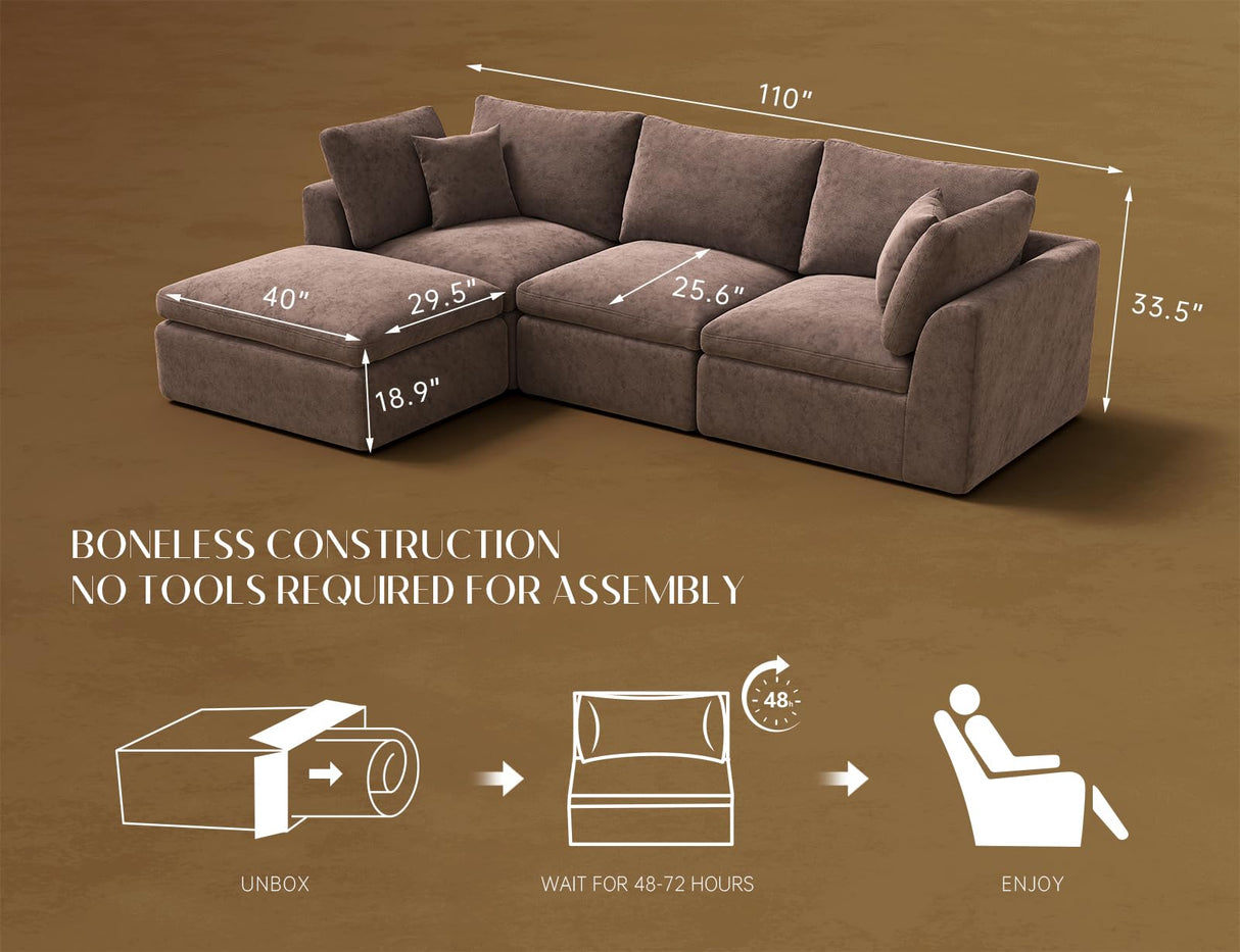 ohllob 110" Cloud Sectional Couches for Living Room, Boneless L-Shape Couch with Ottoman, 3 Seater Modular Sectional Sofa, Brown ohllob