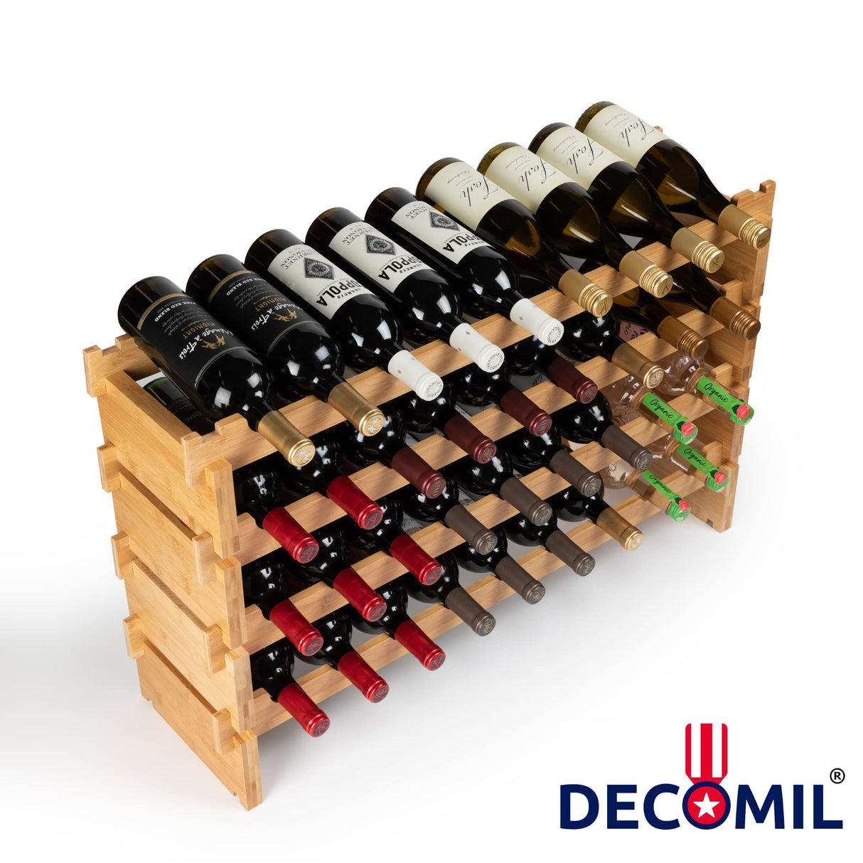 DECOMIL - 36 Bottle Large Wine Rack, Stackable & Modular Wine Storage Rack, Solid Bamboo Wine Holder Display Shelves, Wobble-Free (Four-Tier, 36 DECOMIL