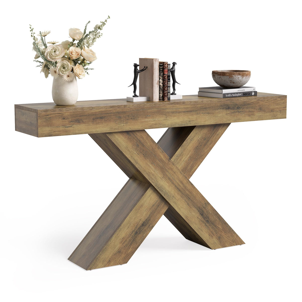 LITTLE TREE Narrow Console Table, 55-Inch Farmhouse Entryway Table, X-Shaped Couch Table Behind Sofa for Living Room, Entryway, Entrance, Foyer, Hallway, Rustic Brown LITTLE TREE