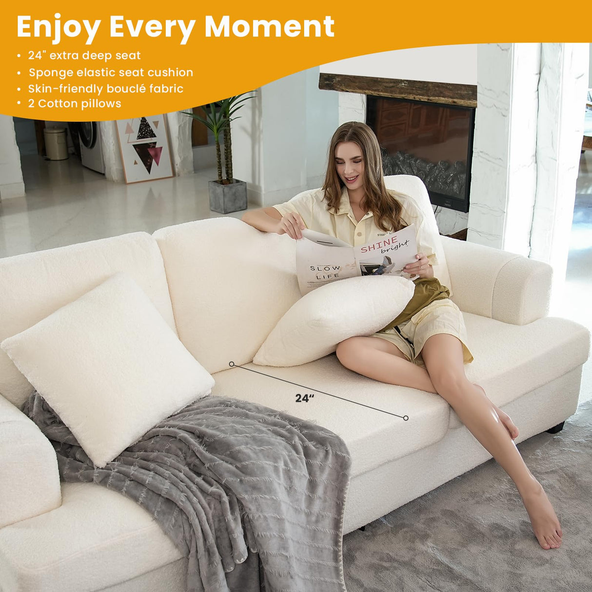 KKL Deep Seat Sofa 89 Inch with Throw Pillow, Modern Sofa, Couches for Living Room, Comfy Sofa, Sleeper Couch, Bouclé, Offwhite KKL