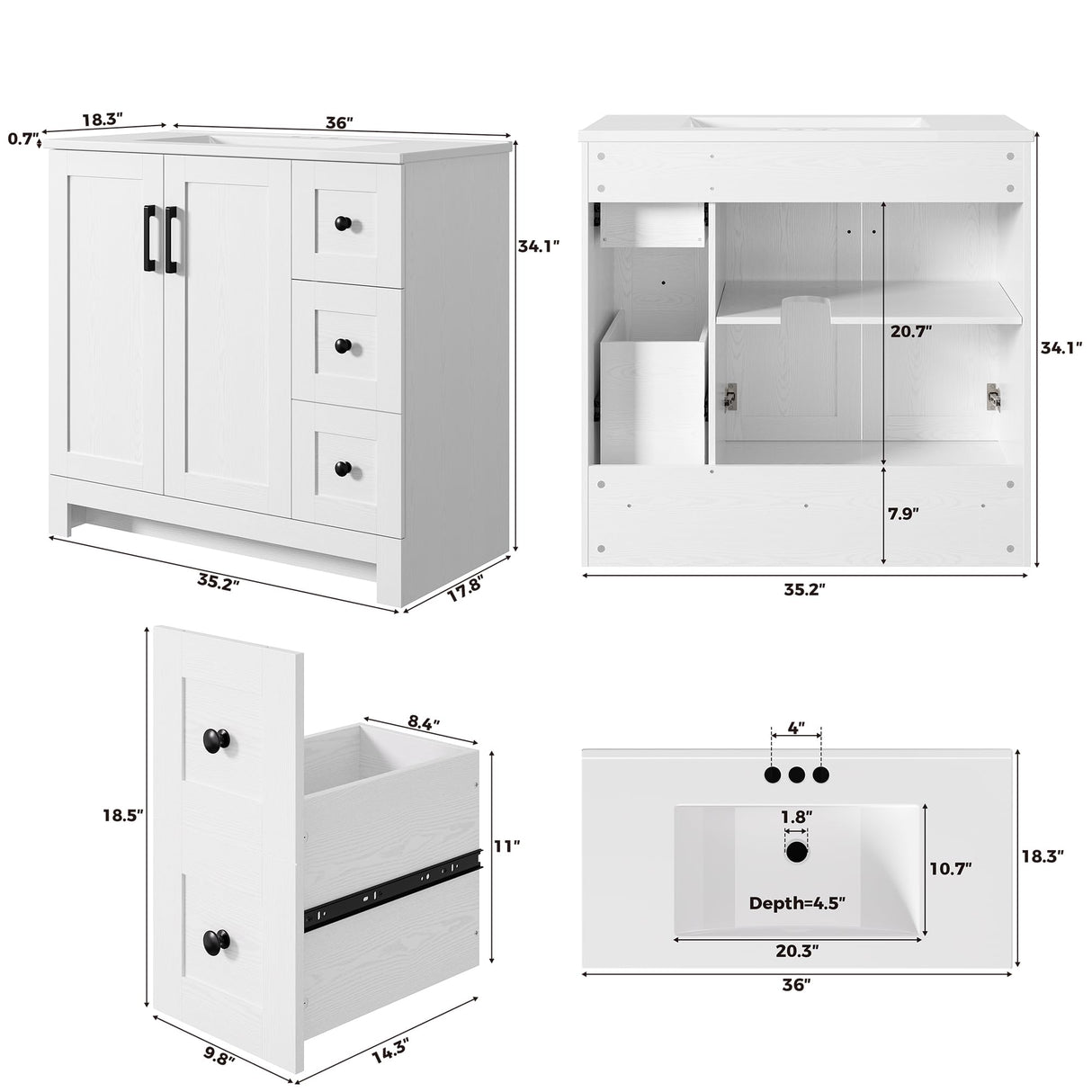 IRONCK 36" Bathroom Vanity with Sink, Freestanding Modern Bathroom Vanity Cabinet with 2 Soft-Close Doors & 2 Storage Drawers, Undermount Rectangular Ceramic Sink, Assembly Required, White IRONCK