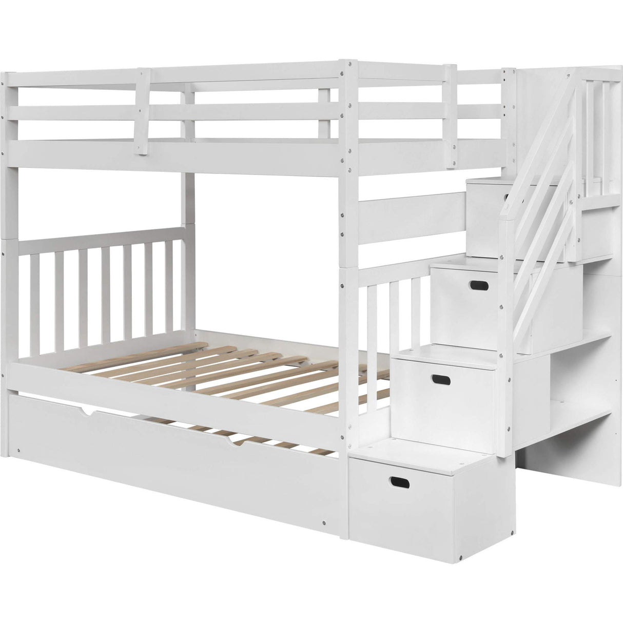 Harper & Bright Designs White Stairway Bunk Bed with Twin Trundle and Storage Drawers Harper & Bright Designs
