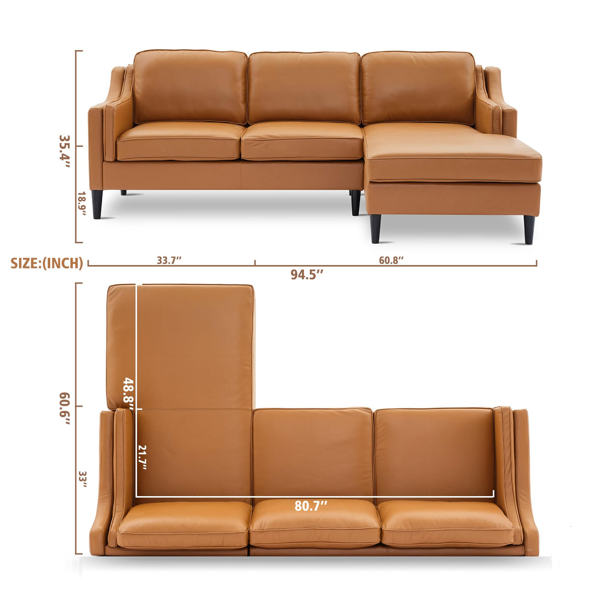 94'' Modern Genuine Leather Upholstered L-Shaped Sofa with Double Layer Curved Armrests and Chaise Lounge for Living Room (Tan, Right-Hand Facing) Familymill