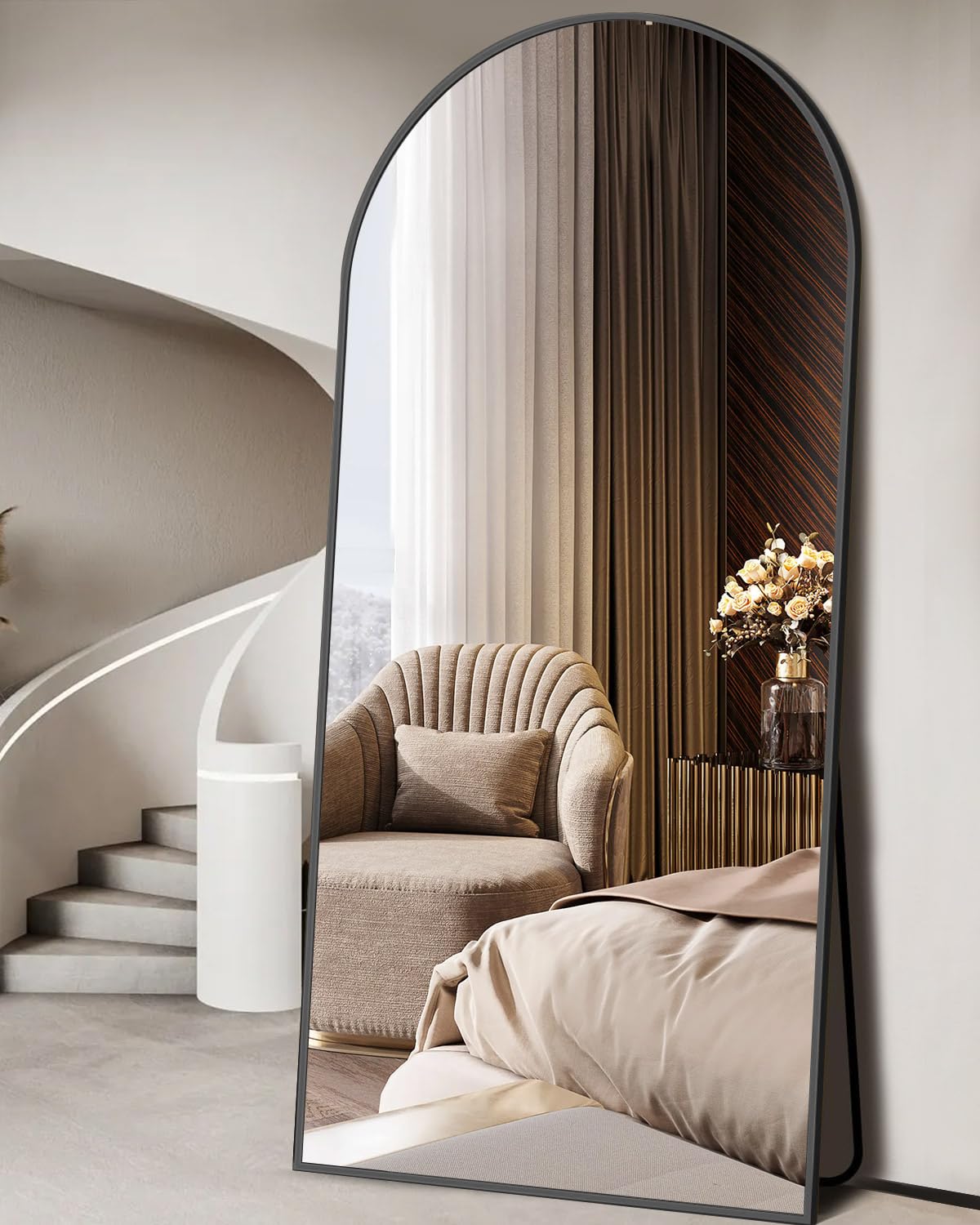 DMWOODFL 71"x26" Arched Full-Length Mirror with Explosion-Proof HD Glass – Oversized Floor or Wall-Mounted Full Body Mirror for Bedroom, Living Room, and Cloakroom (Black) DMWOODFL
