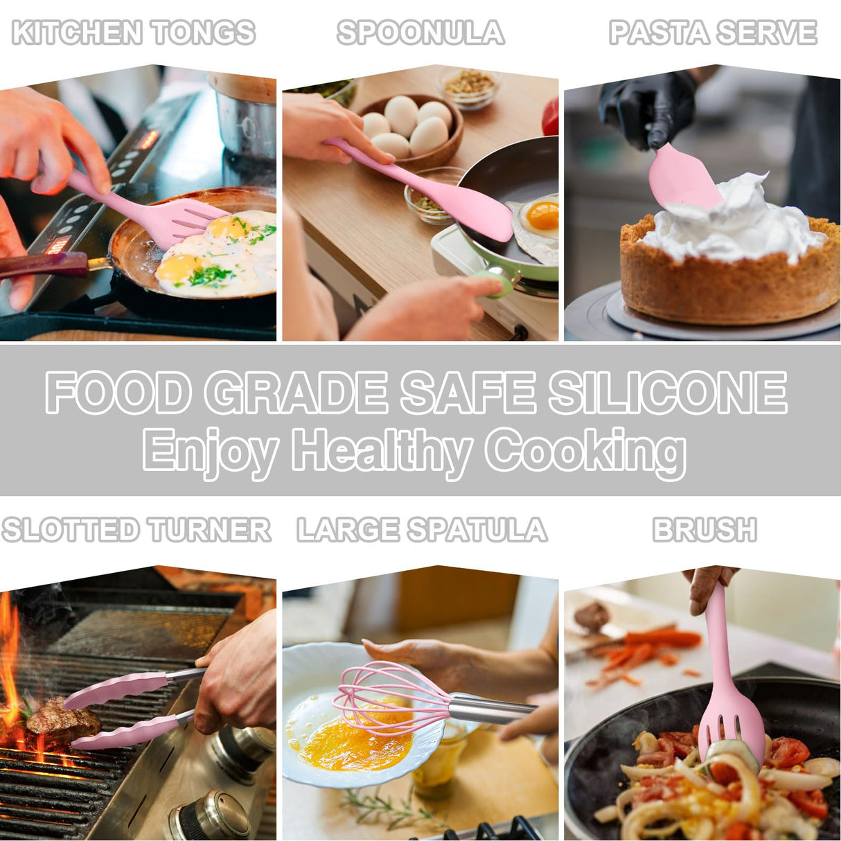 Umite Chef 22Pcs Silicone Cooking Utensils Set, Heat Resistant Silicone Kitchen Spatulas Set with Holder, Cooking Gadgets Tools Set for Nonstick Cookware, Dishwasher Safe(Pink) Umite Chef