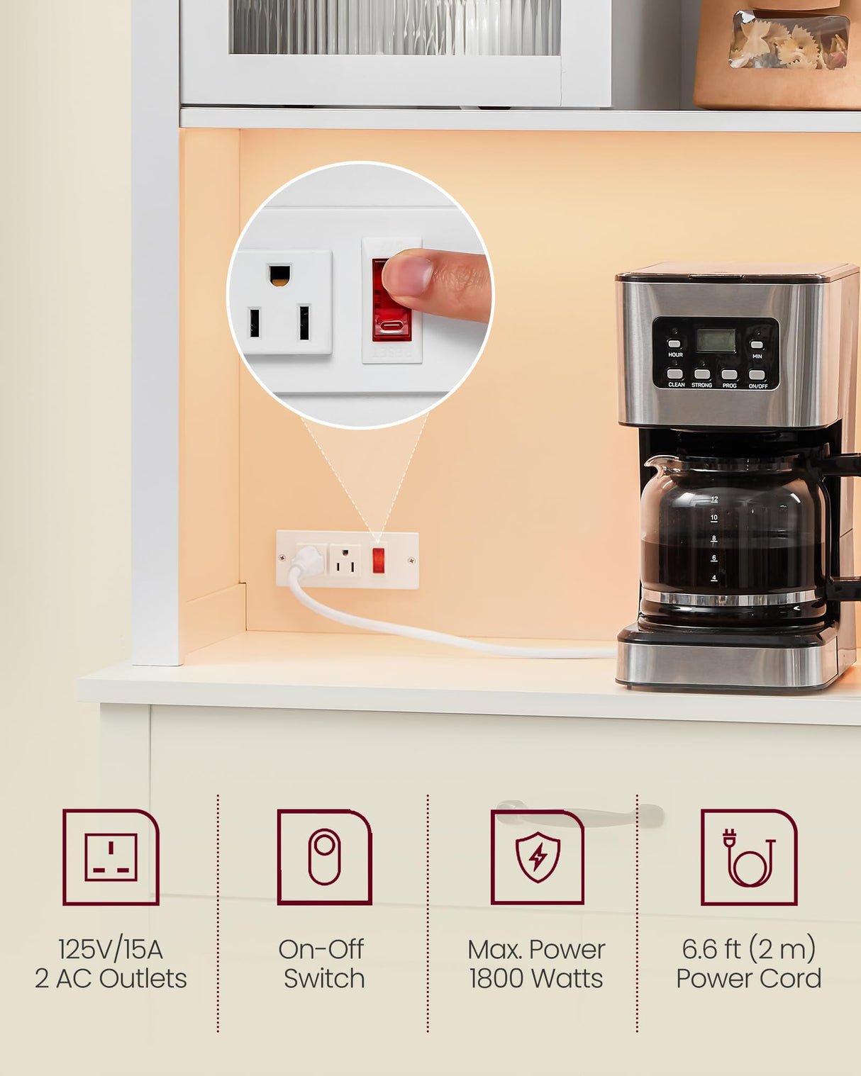 VASAGLE 71" Pantry Cabinet with Lights and Charging Station, Kitchen Pantry Cabinet with Doors and Drawer, Farmhouse Storage Cabinet, Coffee Bar VASAGLE