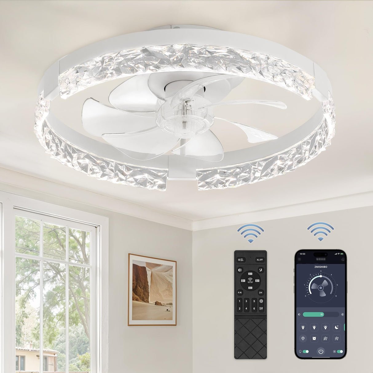 ZMISHIBO Ceiling Fans with Lights and Remote, 18 Inch Flush Mount Fan Light, 6 Speeds, 3CCT, Dimmable, Low Profile Ceiling Fan, Modern Ceiling Fan with Light for Bedroom and Living Room, White ZMISHIBO