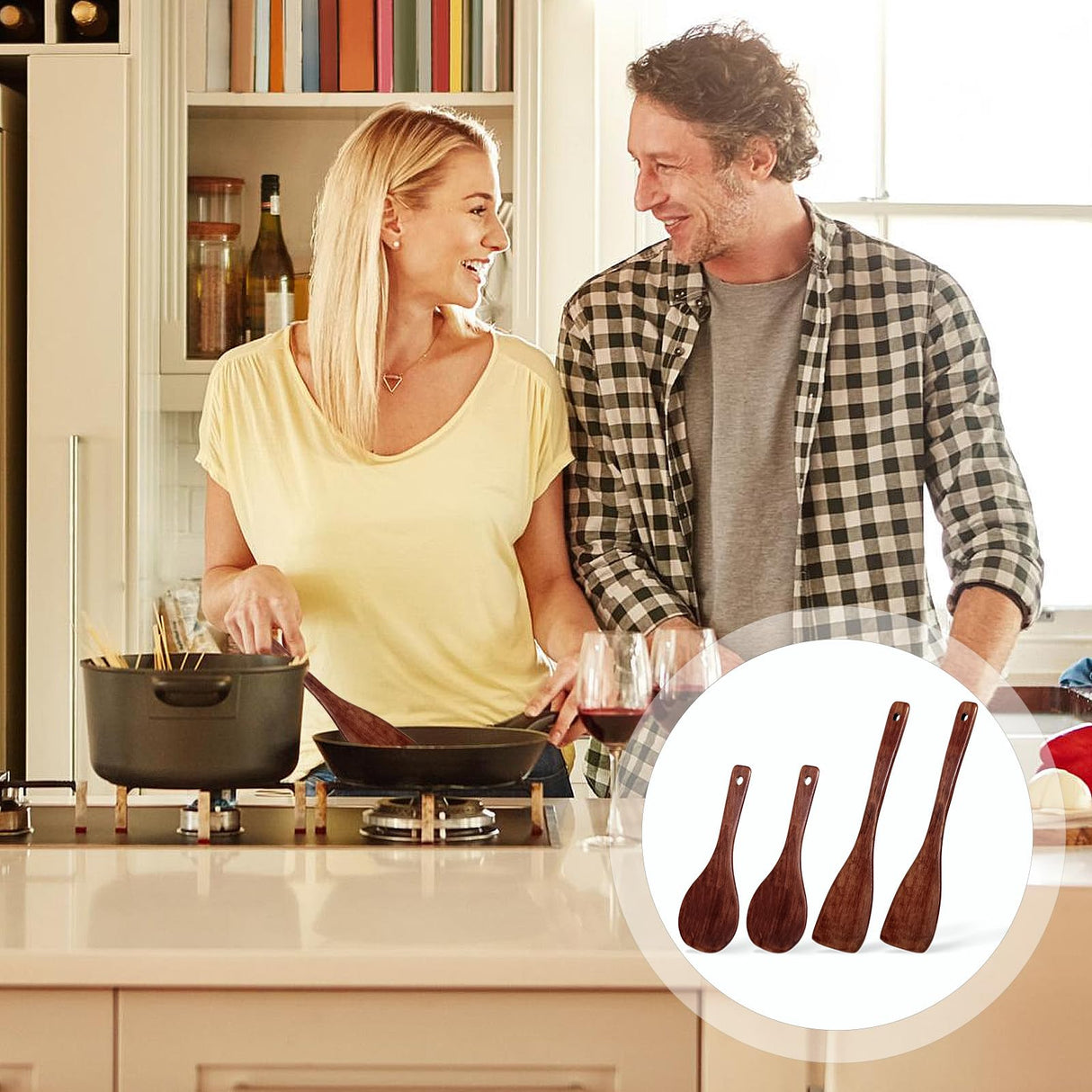 Giantree 4Pcs Wooden Spatulas, Olive Wood Cooking Spatula Wood Spoons for Cooking Long Handle Non-Stick Wooden Spatula for Kitchen, Restaurant Wok Pan Tableware Giantree