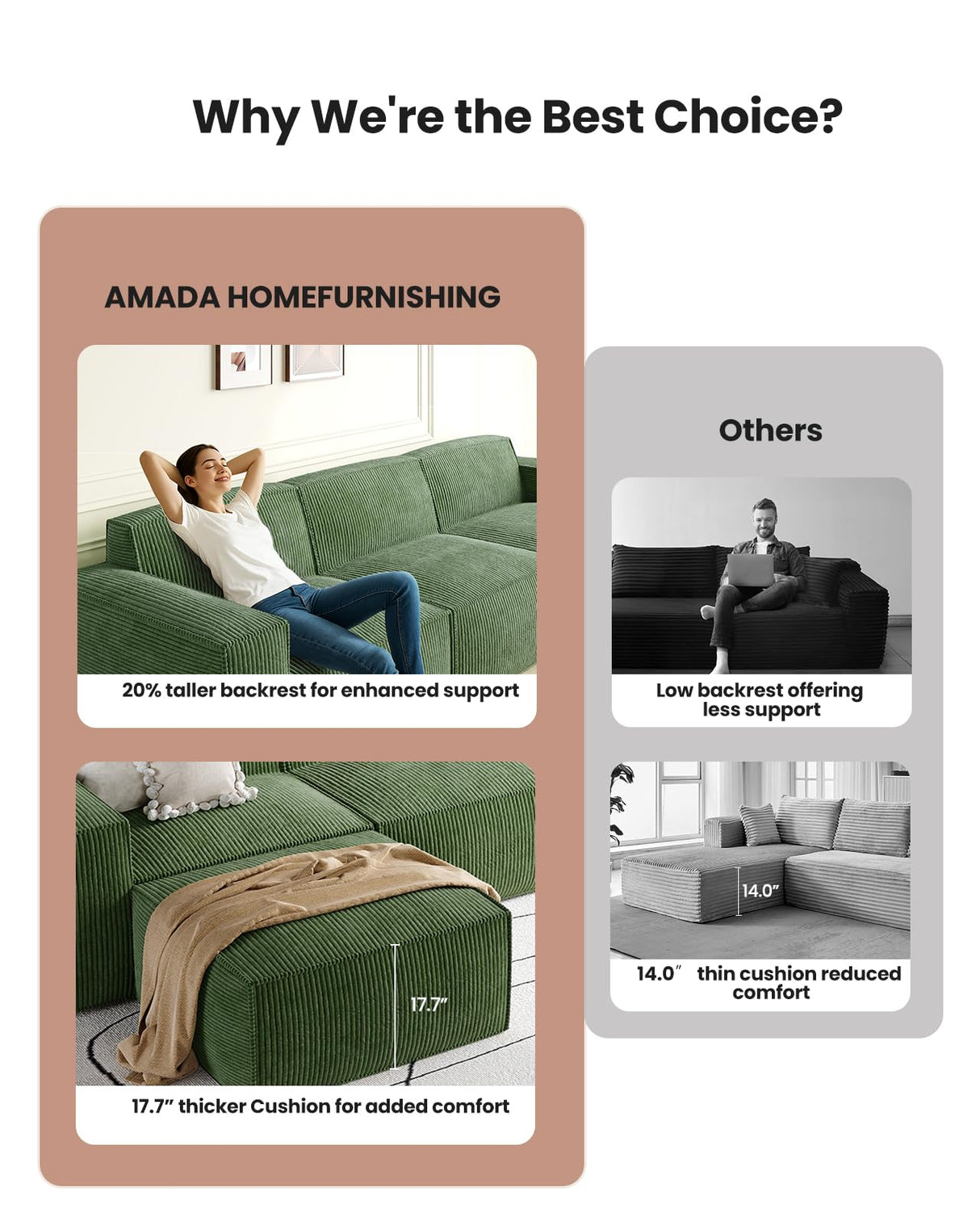 Amada 111" L Shaped Sofa Modular, Corduroy Clopud Couches with Deep Seats &High-Back, Upholstered Couches for Living Room Bedroom with Ottoman, No Assembly Required(2-Seater&1 Ottoman,Green) AMADA HOMEFURNISHING