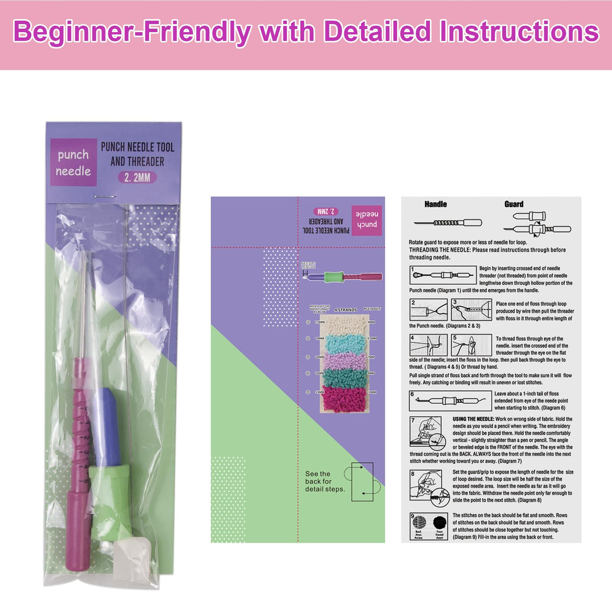 Cheloment 2.2mm Punch Needle Kit Adjustable Punch NeedleTool with Threader,Lightweight Punch Needle with 5 Needle Lengths, Needle Punch Kits for Beginner,Embroidery Punch Needle,Easy to Use Cheloment