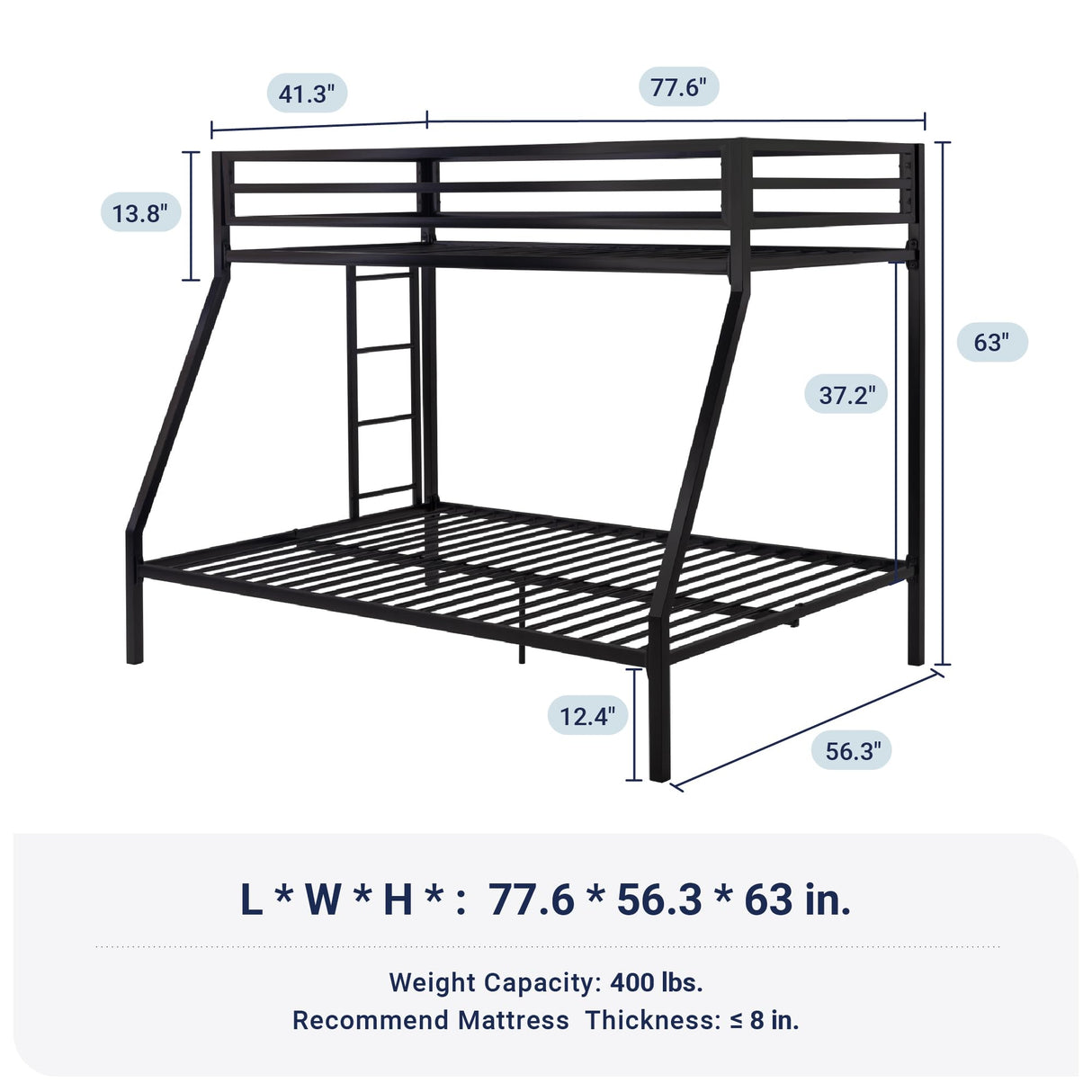 Allewie Metal Bunk Bed Twin Over Full Size for Junior & Adults with Ladder and Heavy Duty Guardrail, Small Space Saving Design for Bedroom Kid Room and Dorm, Black Allewie