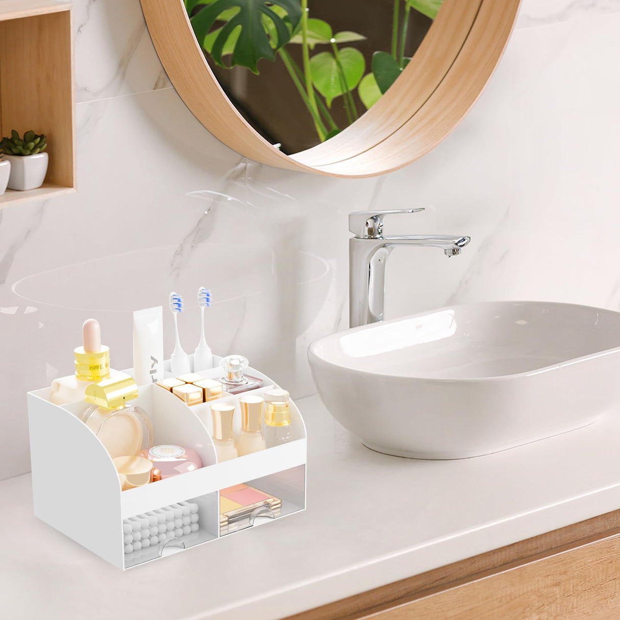 DIRZHX Bathroom Countertop Organizer, Toothbrush Holders for Bathroom, 6 Slots Toothpaste Bath room Counter Sink Organizer with Drawers, Plastic Organizers and Storage for Vanity (White) DIRZHX