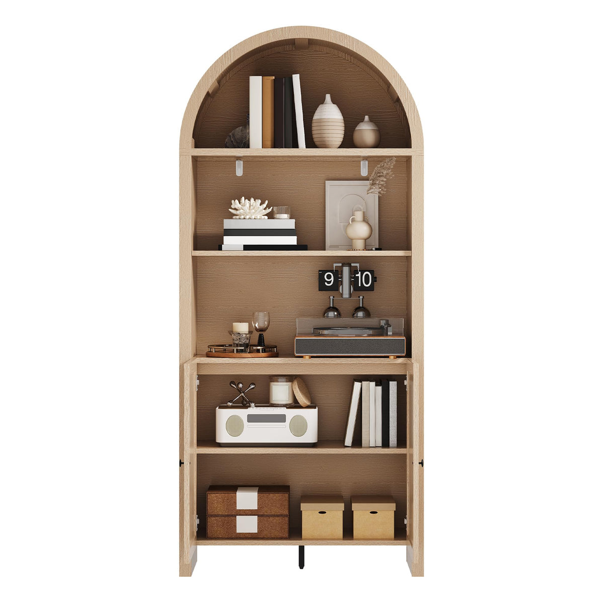 ChooChoo Arched Bookcase with Doors, 3-Tier Farmhouse Bookcase with Adjustable Shelf, Tall Arched Bookshelf for Office, Living Room, Natural ChooChoo