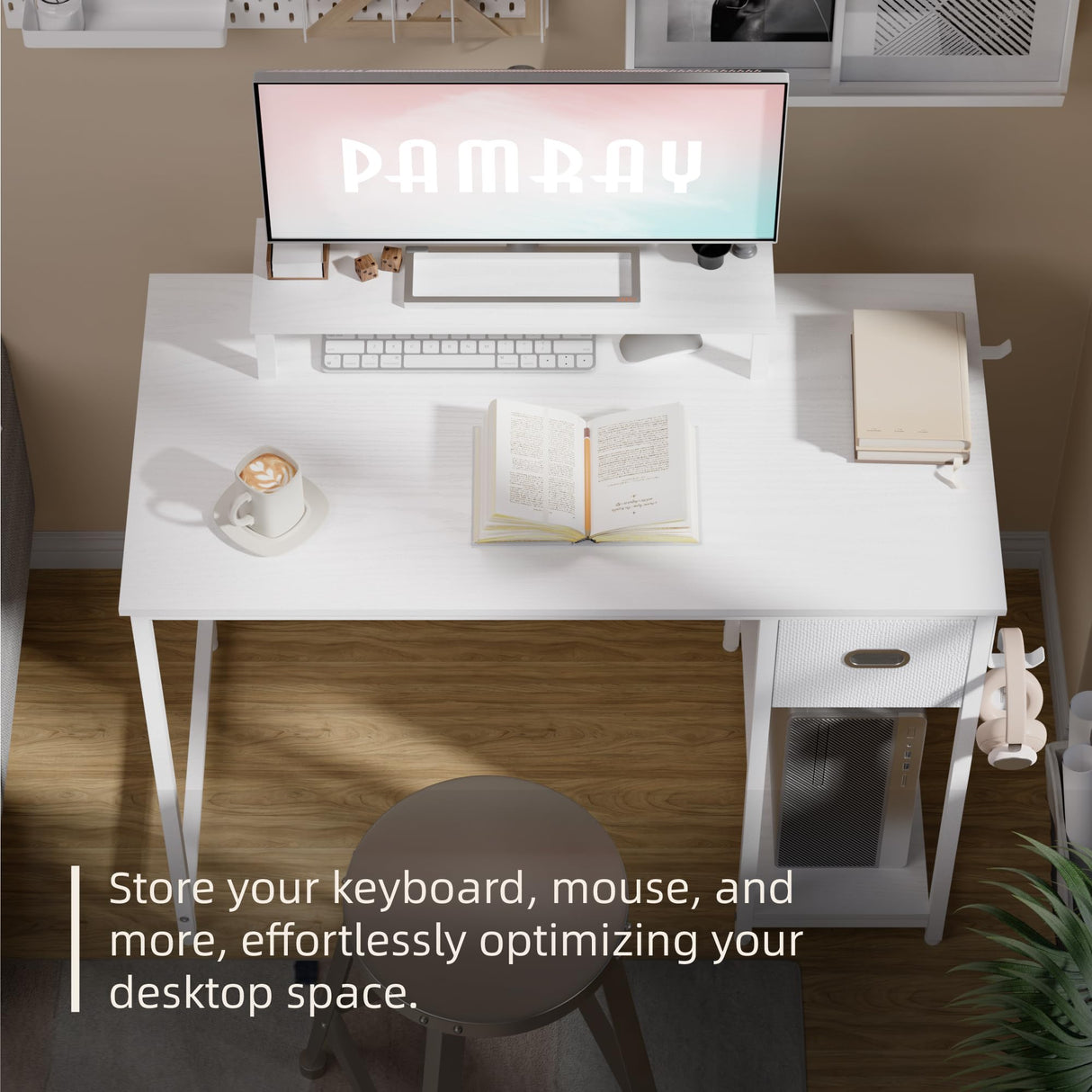 Pamray 39 Inch Computer Desk with Monitor Stand Small Home Office Desks with Non-Woven Storage Drawer for Bedroom Study Table Writing and Work Desk White,White Leg Pamray